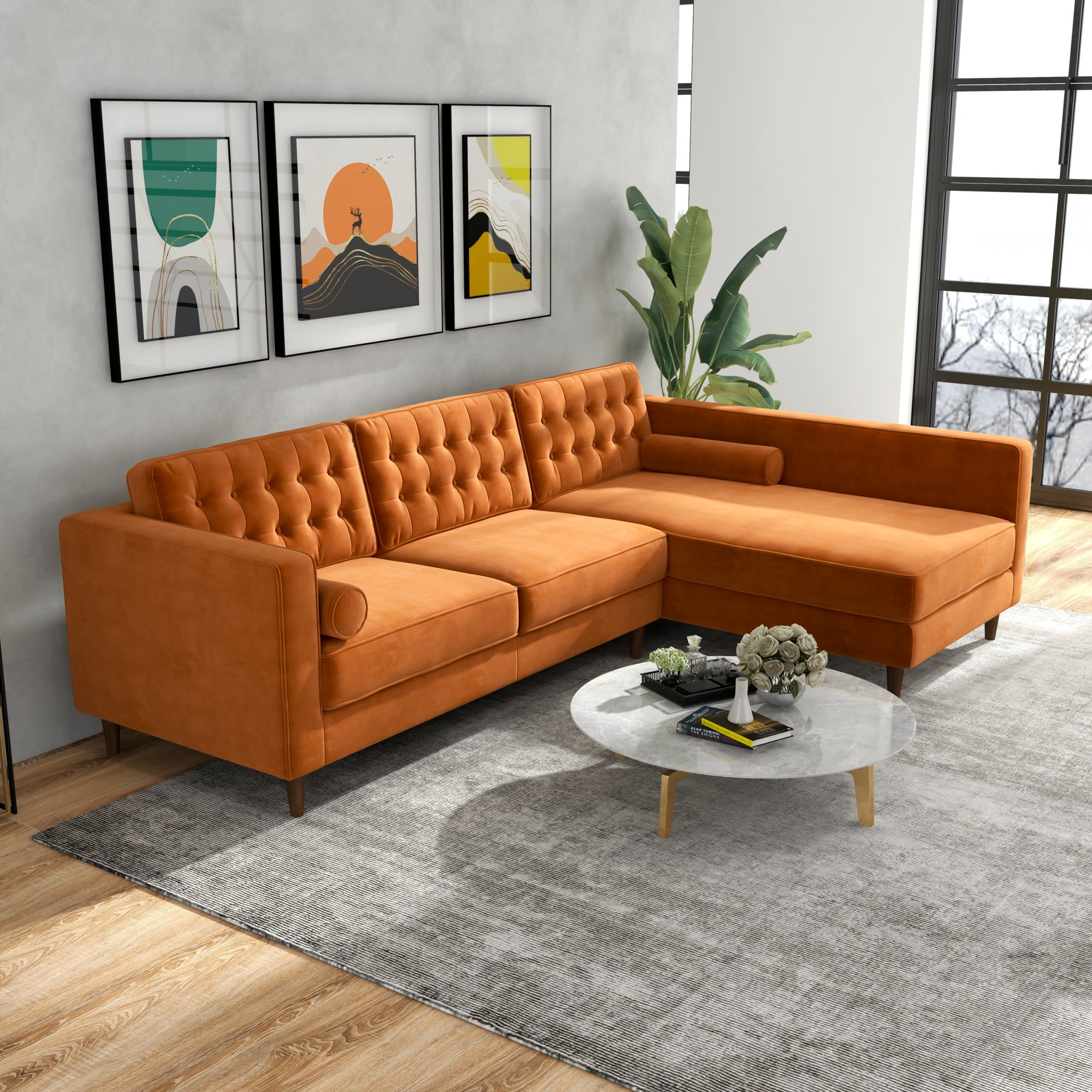 Olson Sectional Sofa Burnt Orange Velvet Right Chaise