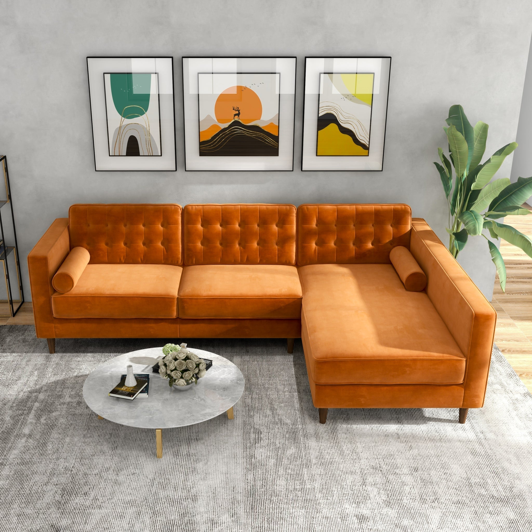 Olson Sectional Sofa Burnt Orange Velvet Right Chaise