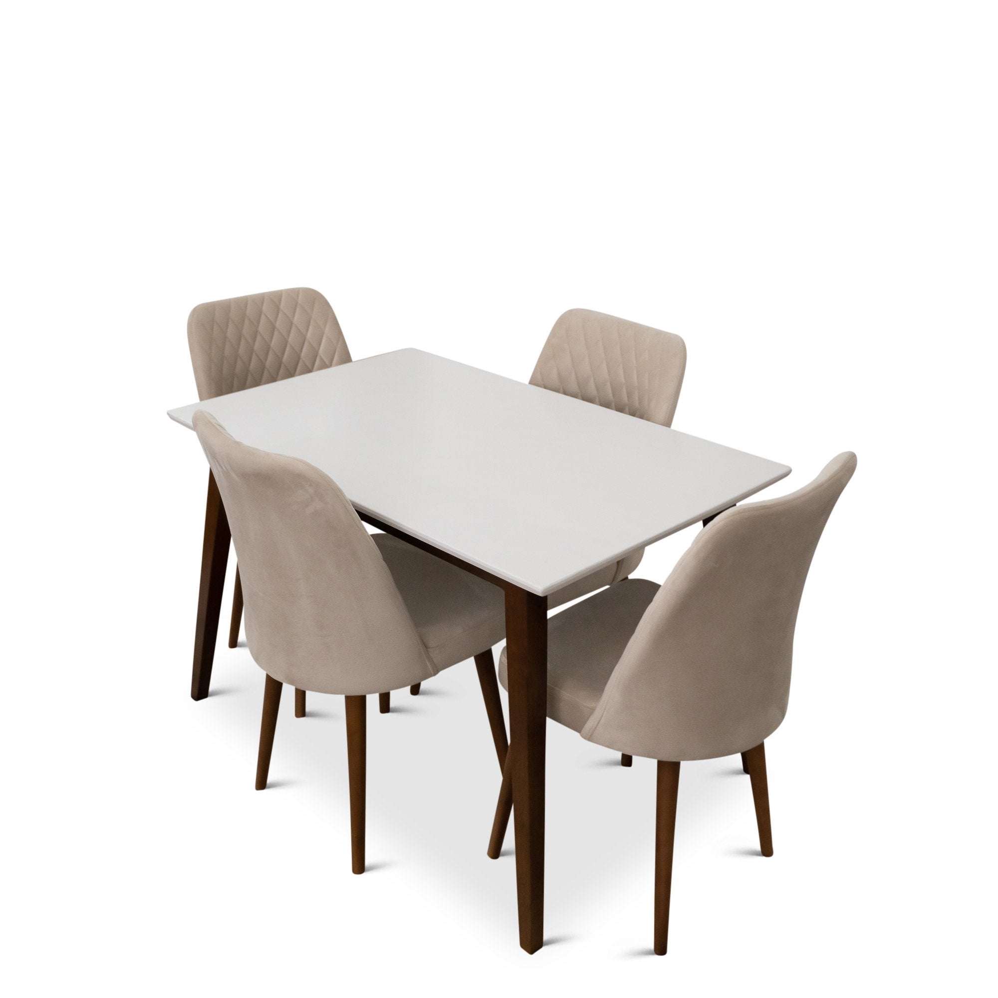 Alpine Small White Top Dining Set with 4 Evette Beige Dining Chairs