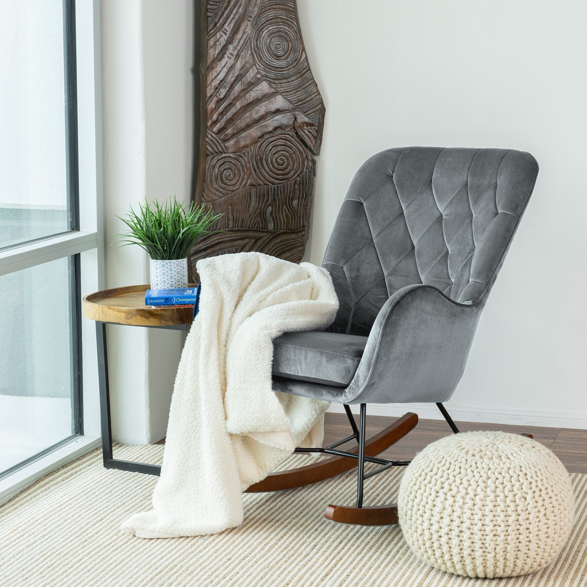 Sahara Gray Velvet Fabric Rocking Chair