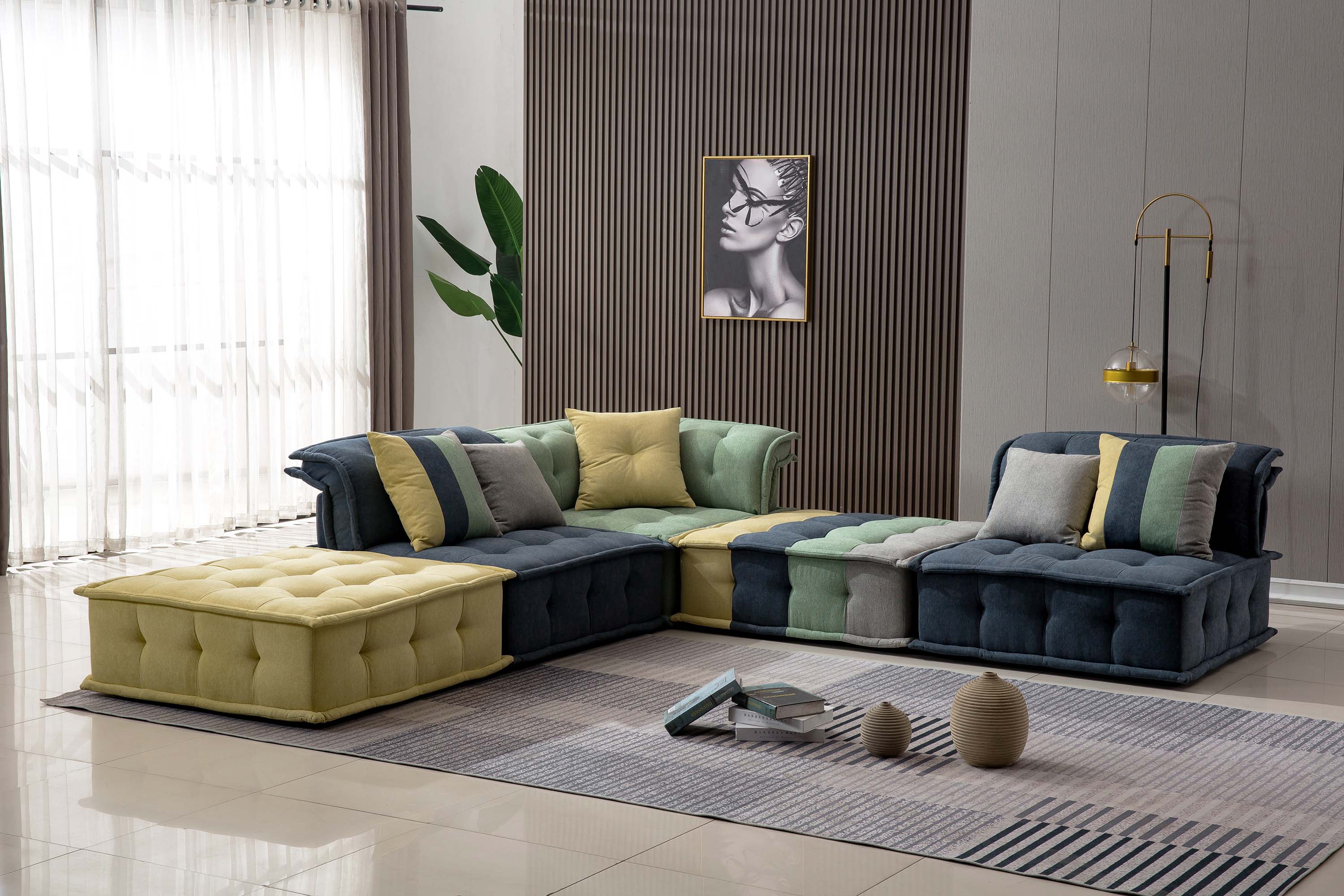 Mordehay Velvet Sectional with Ottoman