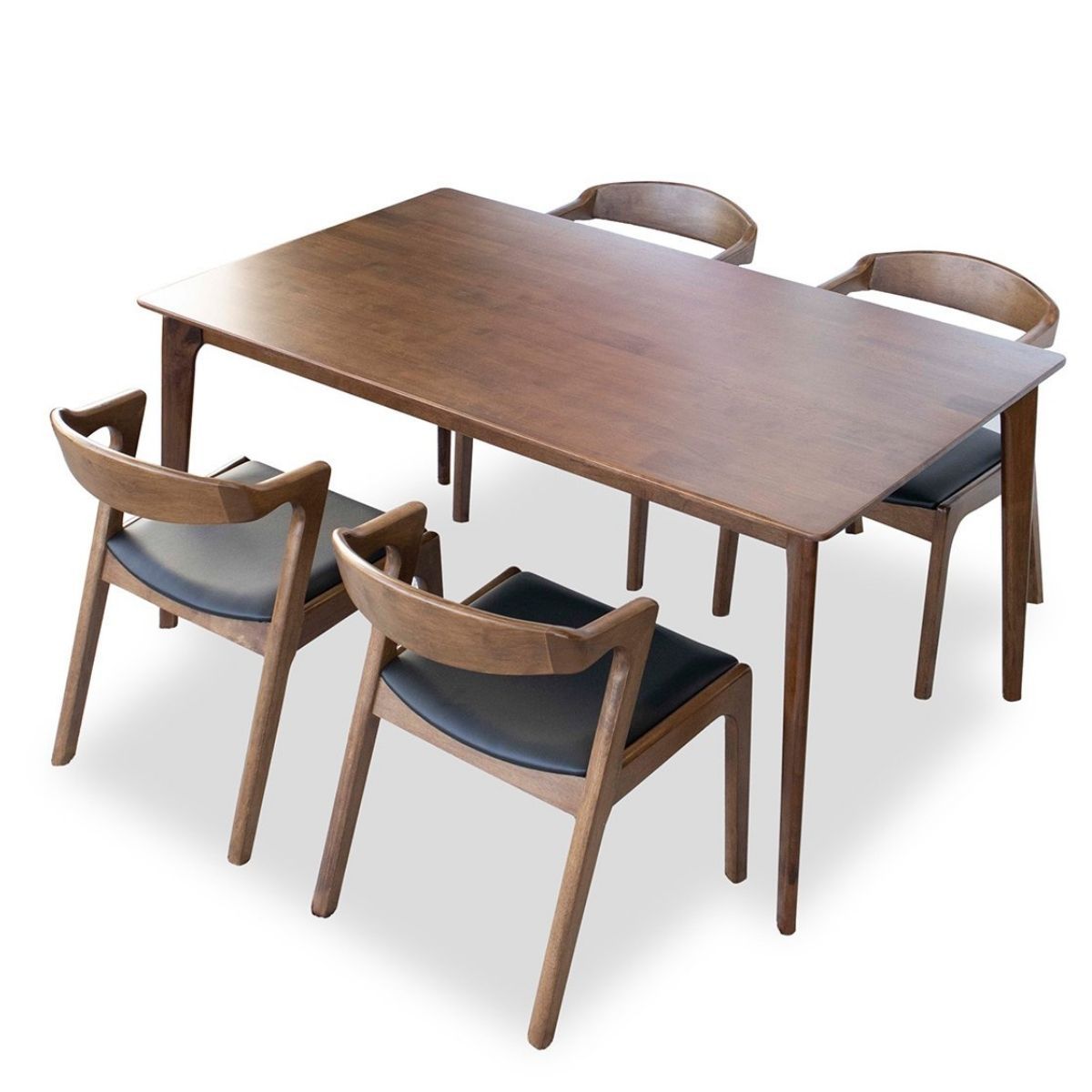 Selena Walnut Dining Set with 4 Reggie Black Leather Chairs