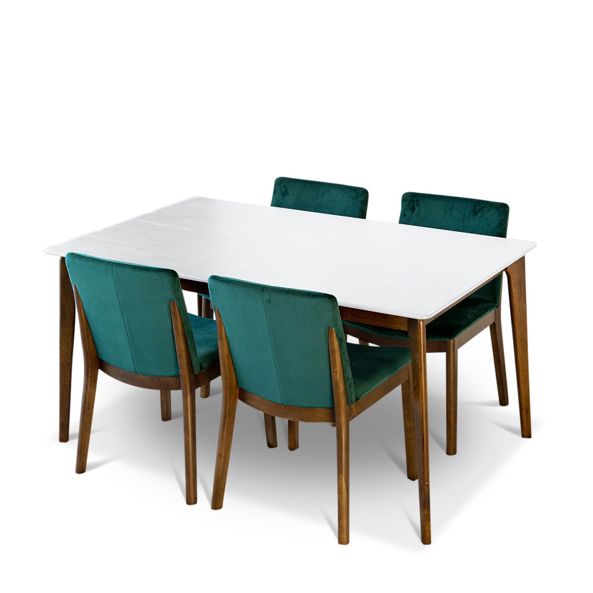 Selena White Dining Set with 4 Virginia Green Velvet Dining Chairs