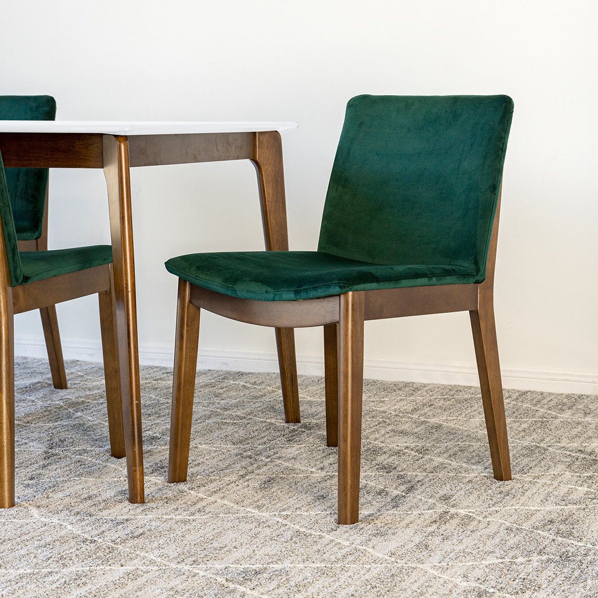 Selena White Dining Set with 4 Virginia Green Velvet Dining Chairs