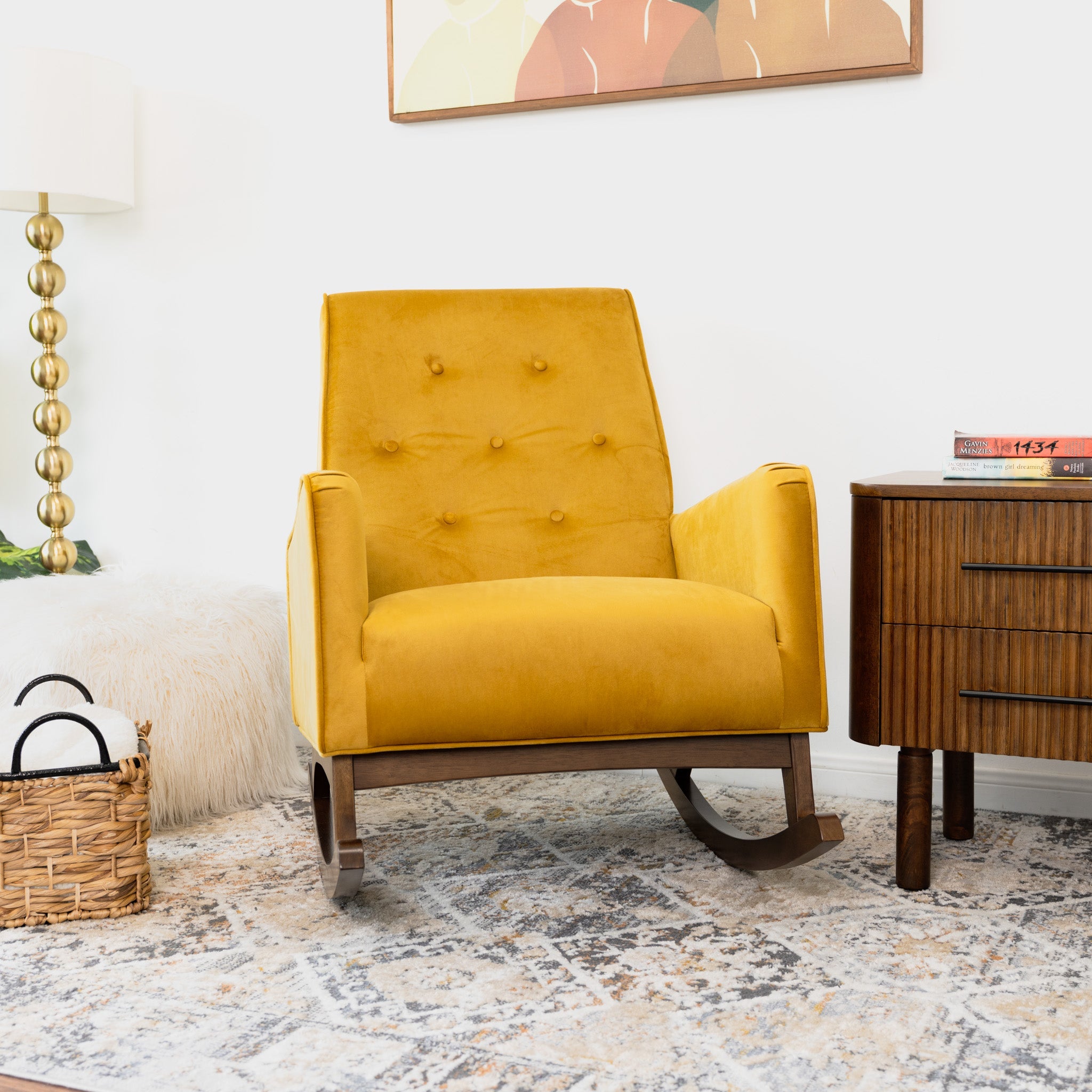 Windsor Mustard Yellow Velvet Rocking Chair