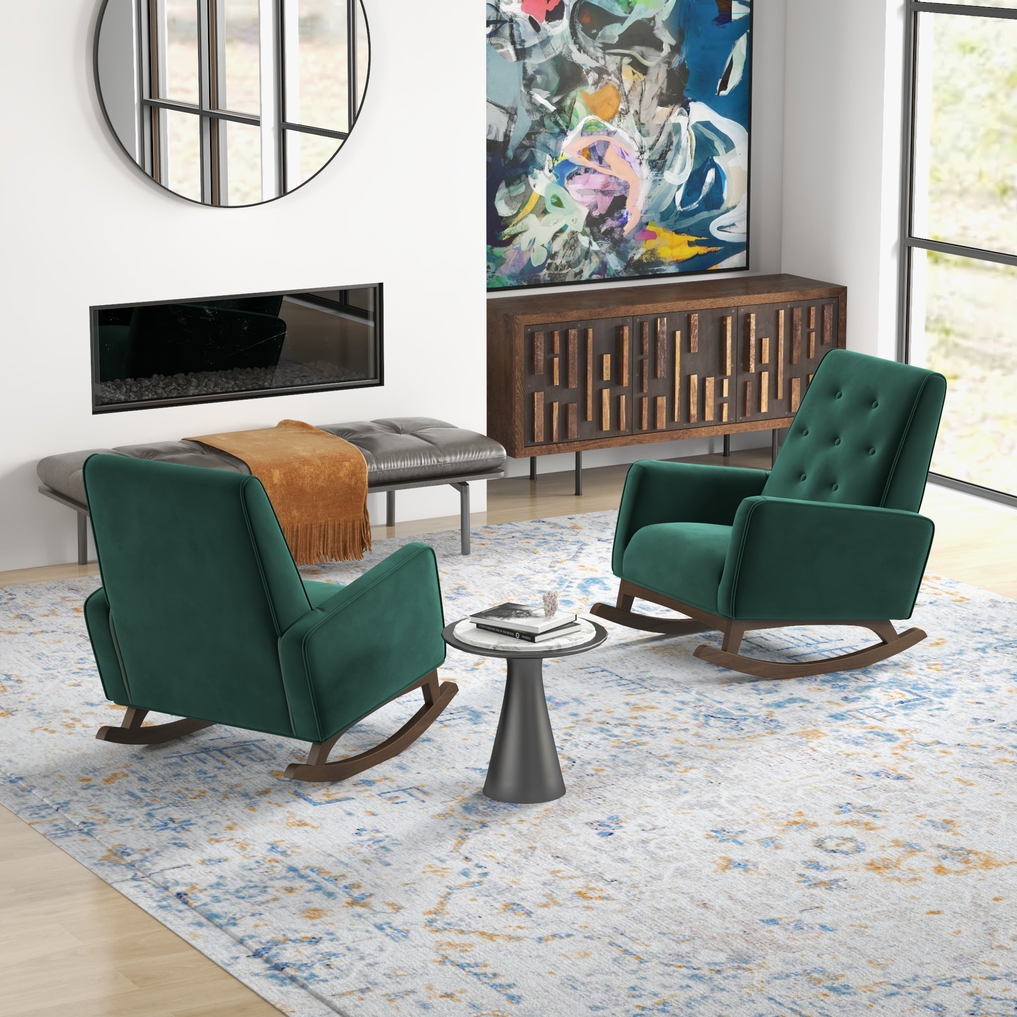 Windsor Green Velvet Fabric Rocking Chair