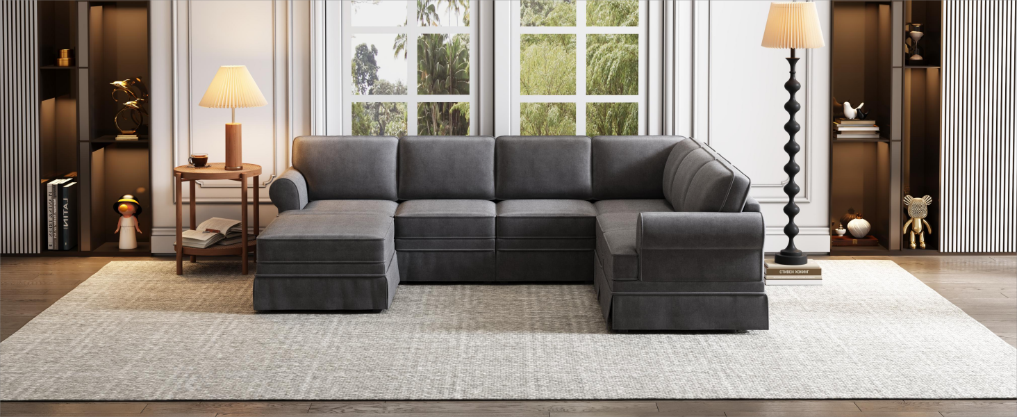 108.6" Fabric Upholstered Modular Sofa Collection, Modular Customizable ,Sectional Couch with removable Ottoman for Living Room, Gray