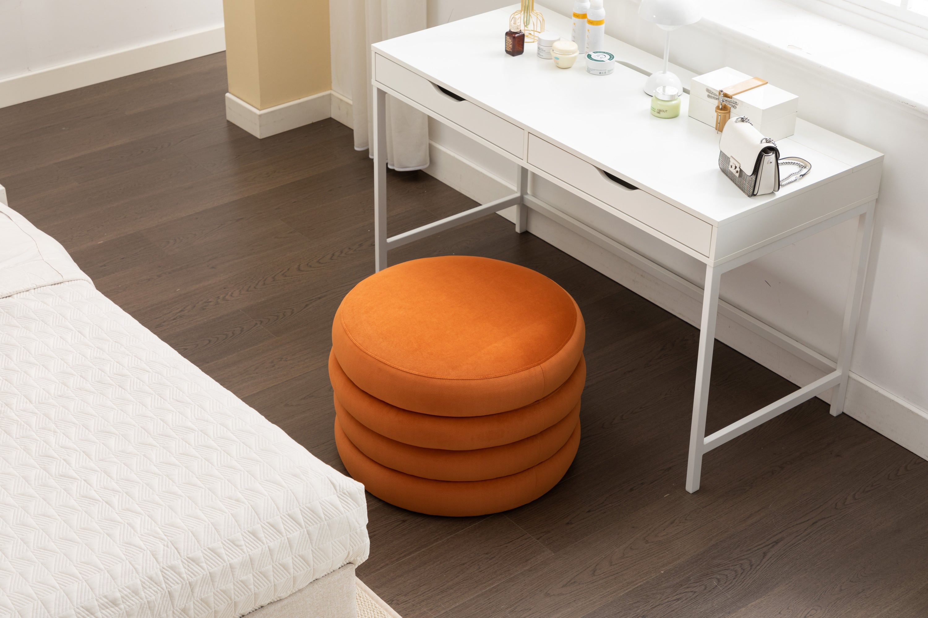 007-Velvet Fabric Storage Round Ottoman Footstool With Wooden Shelving,Orange