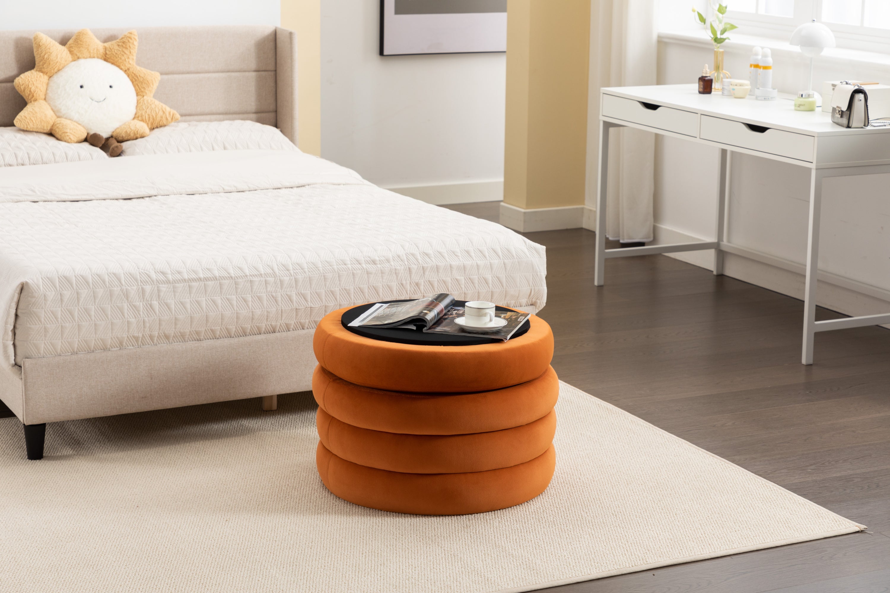 007-Velvet Fabric Storage Round Ottoman Footstool With Wooden Shelving,Orange