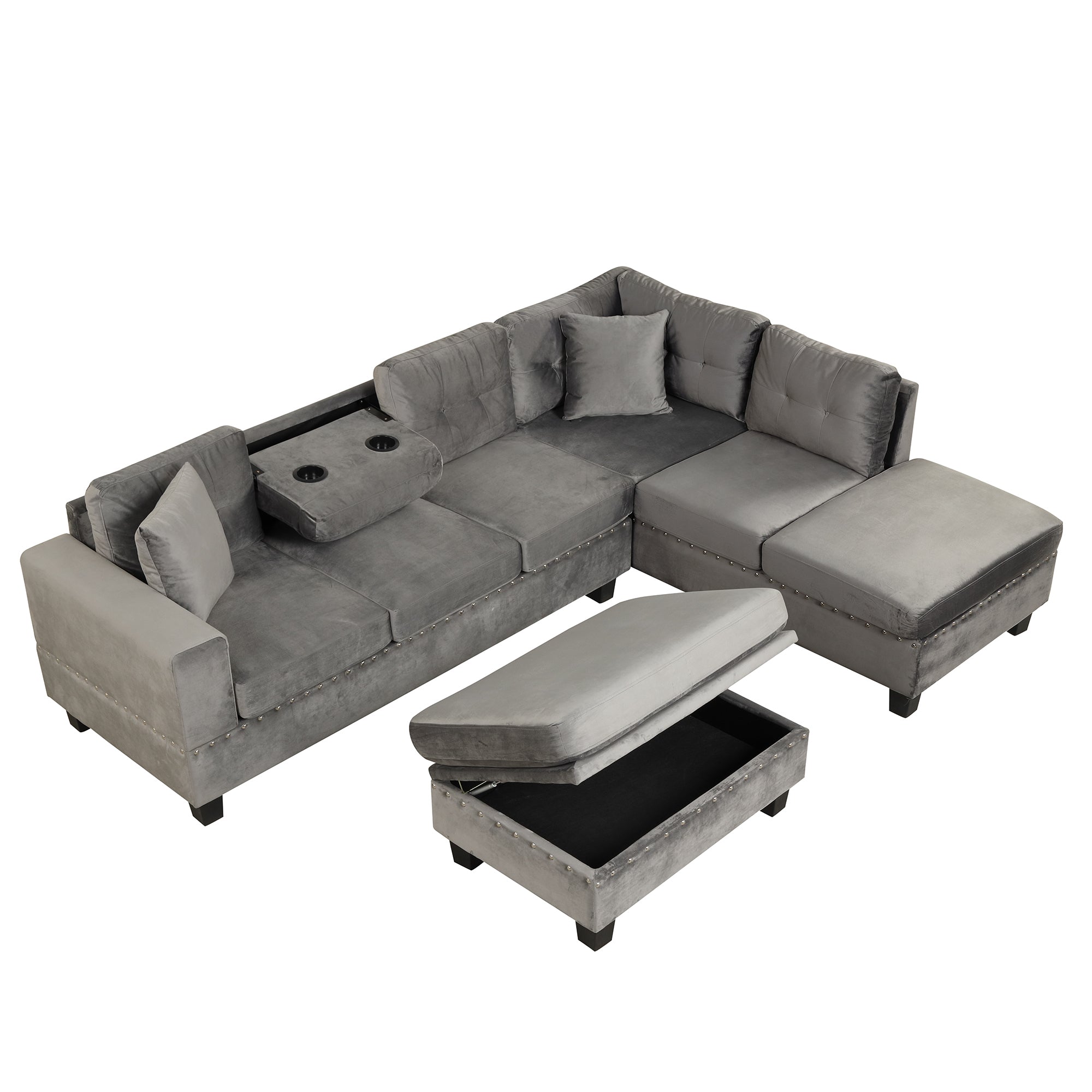 104.5" Modern Sectional Sofa with Storage Ottoman, L-Shape Couch with 2 Pillows and Cup Holder,Sectional Sofa with Reversible Chaise for Living Room,Gray