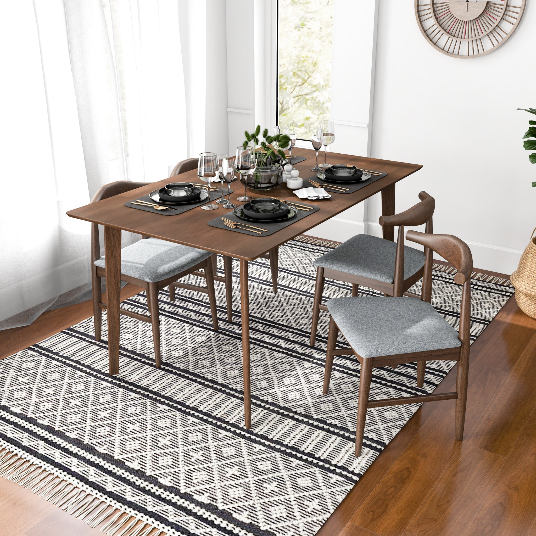 Abbott Large Walnut Dining Set with 4 Winston Gray Fabric Chairs