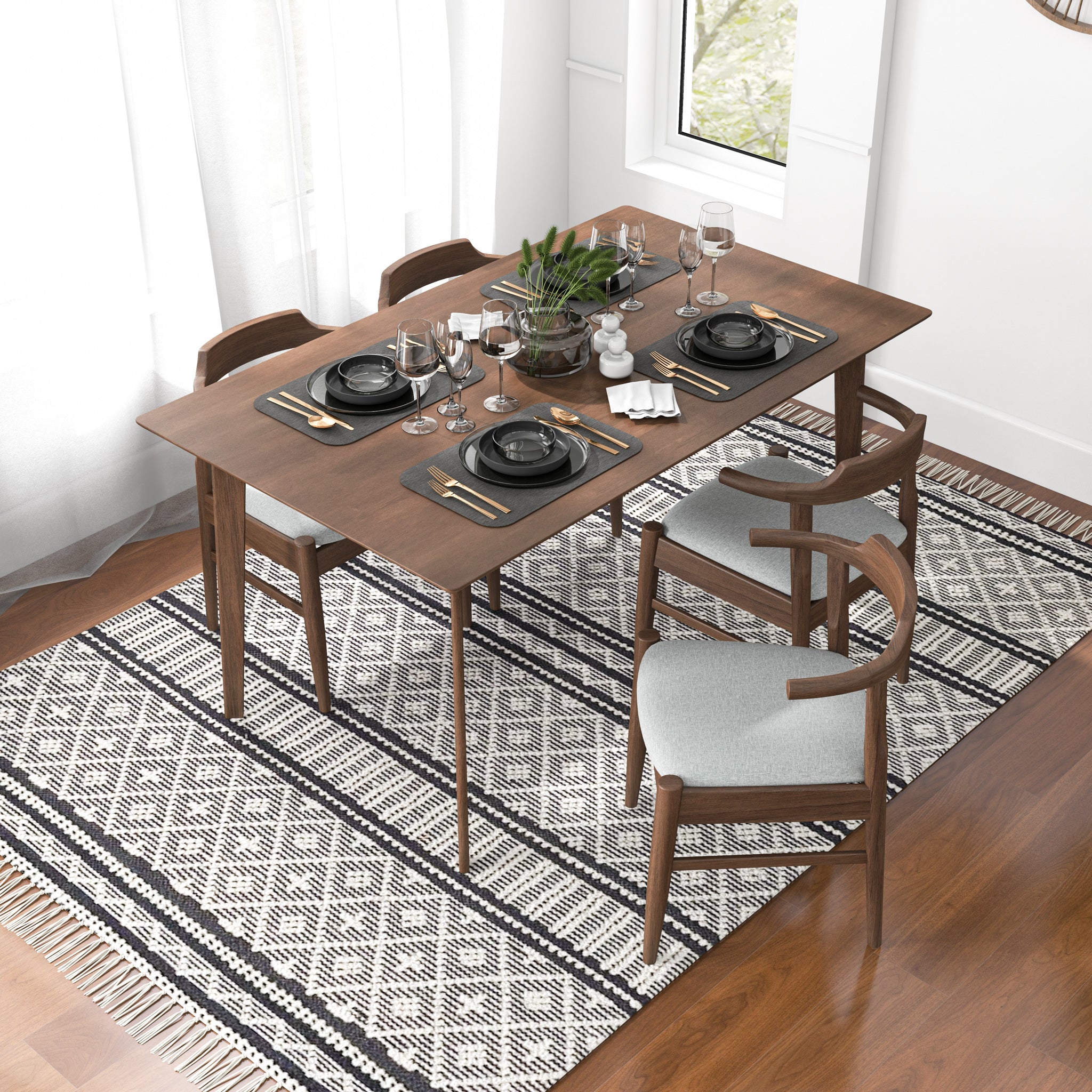 Dining Set, Abbott Large Table Walnut with 4 Zola Gray Chairs