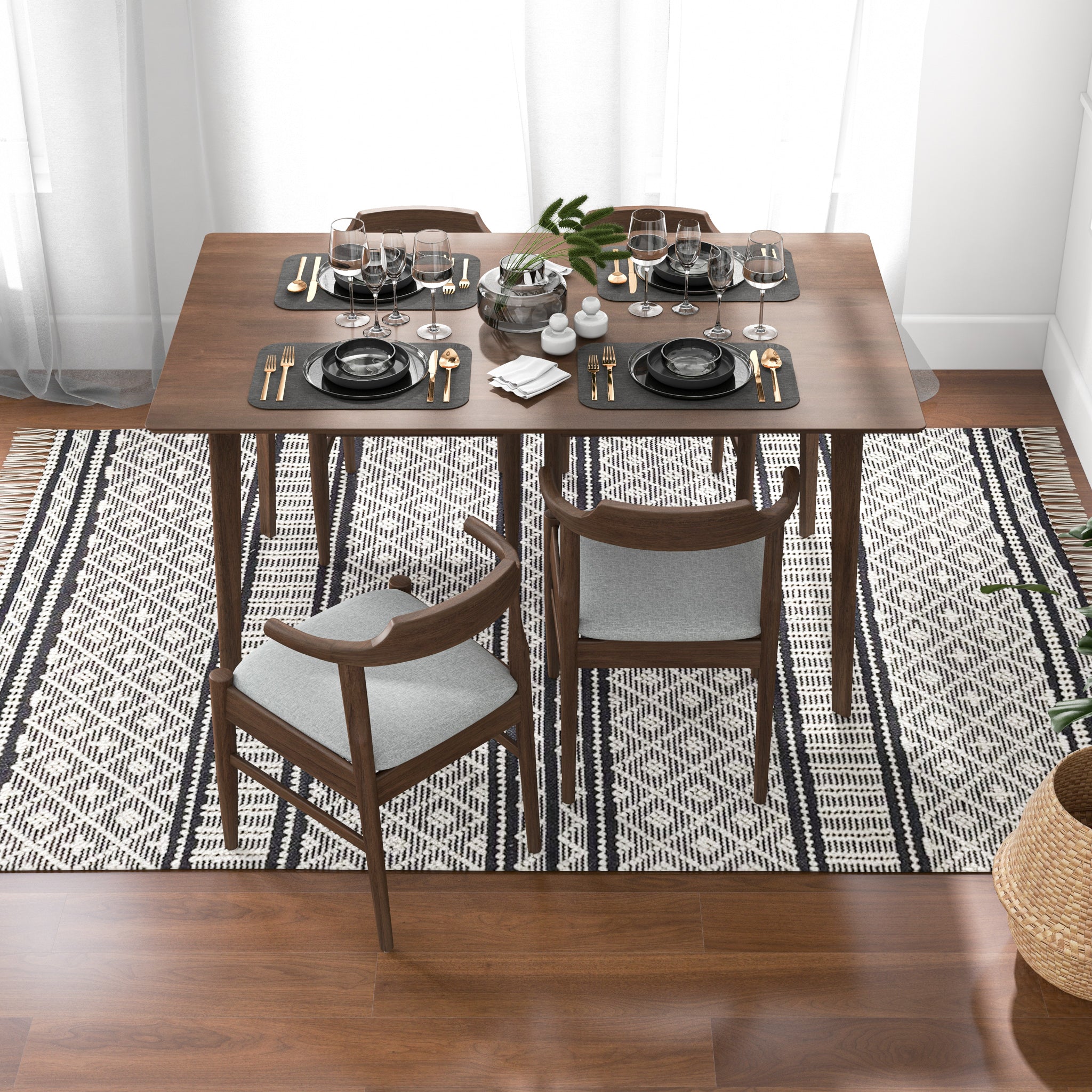 Dining Set, Abbott Large Table Walnut with 4 Zola Gray Chairs