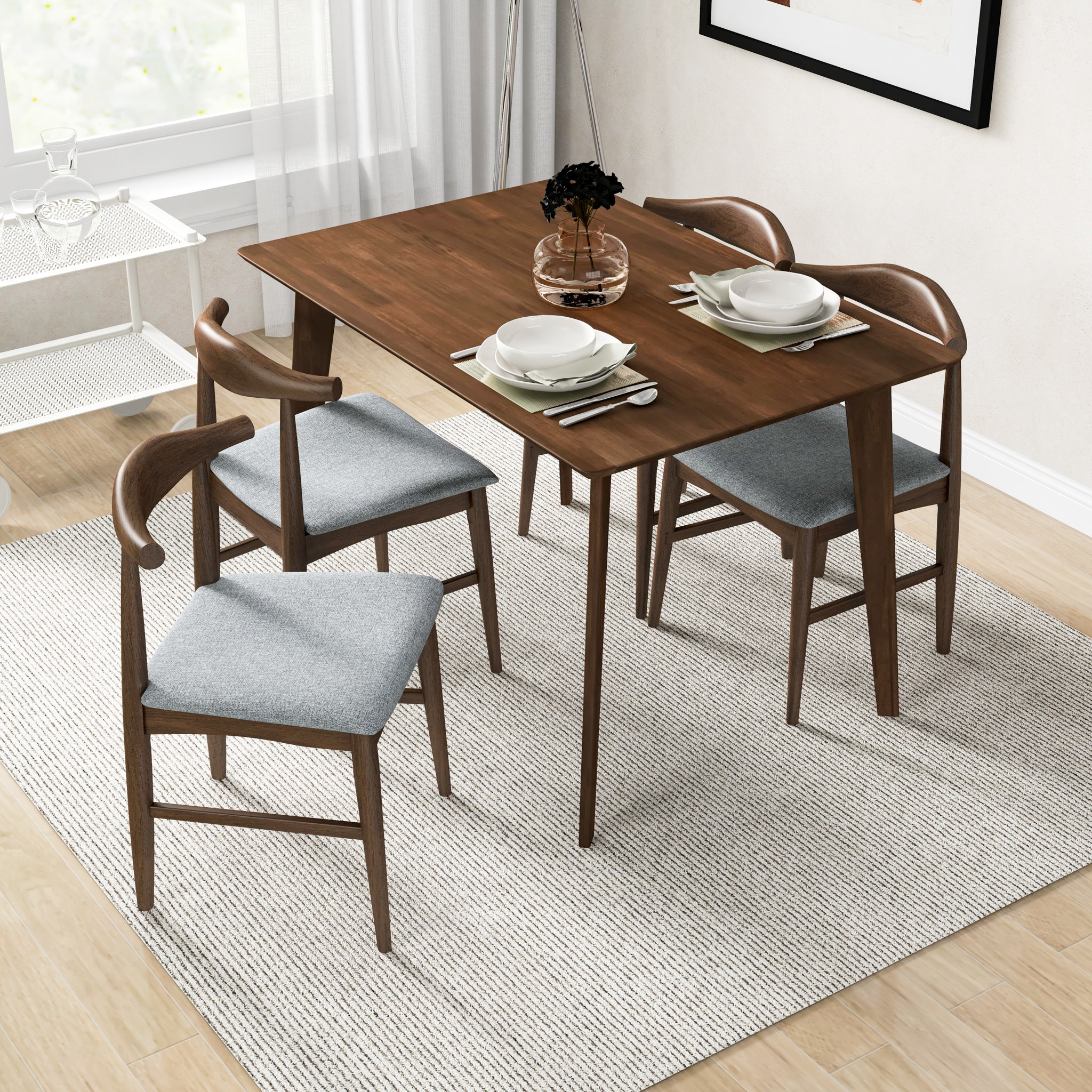 Dining Set, Abbott Small Table Walnut with 4 Winston Gray Fabric Chairs