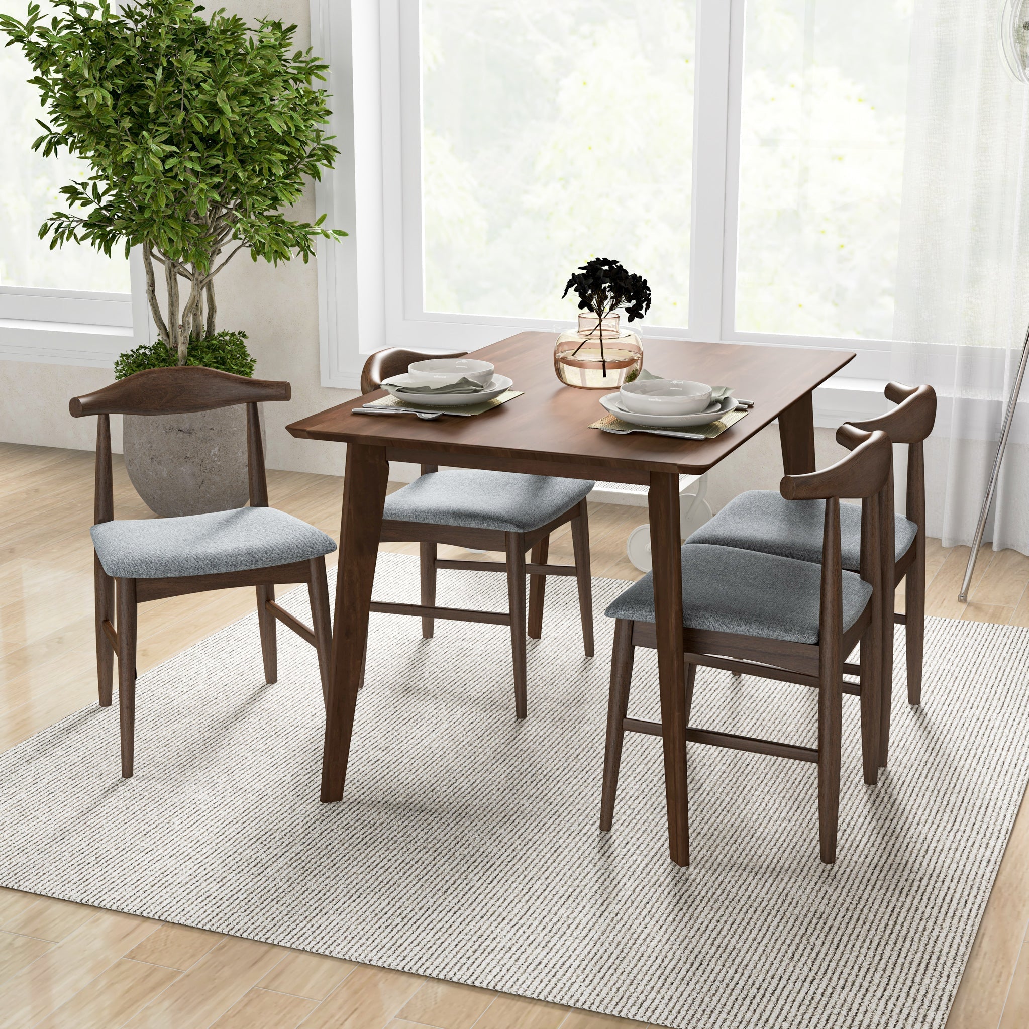 Dining Set, Abbott Small Table Walnut with 4 Winston Gray Fabric Chairs