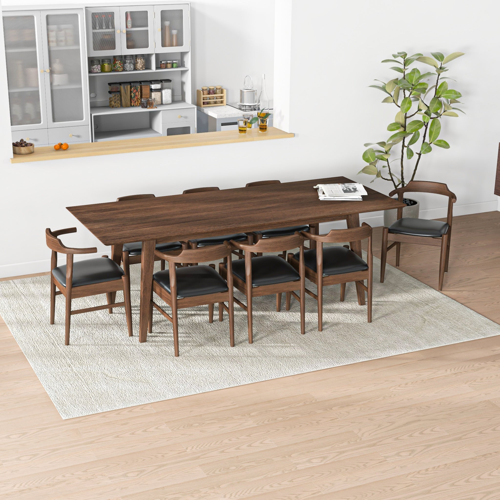 Adira XLarge Walnut Dining Set with 8 Zola Black Leather Dining Chairs