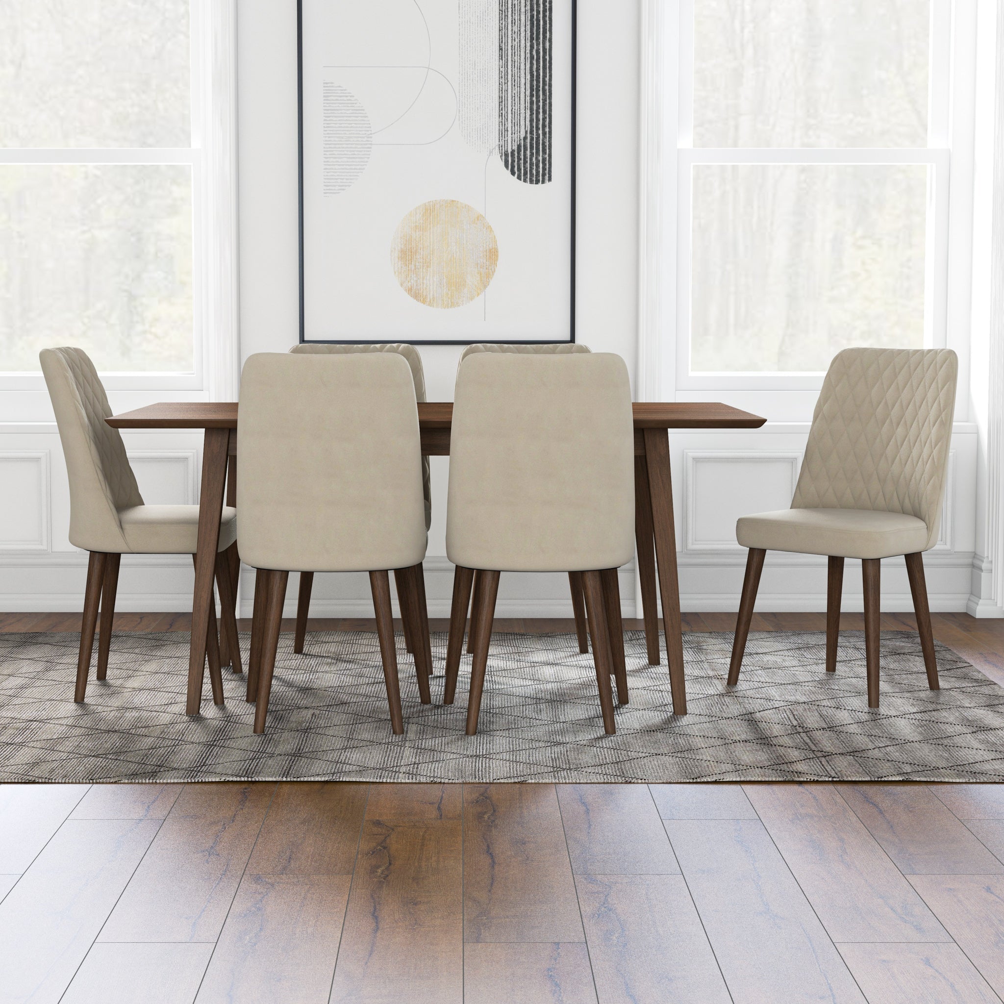 Adira Large Walnut Dining Set with 6 Evette Beige Velvet Dining Chairs