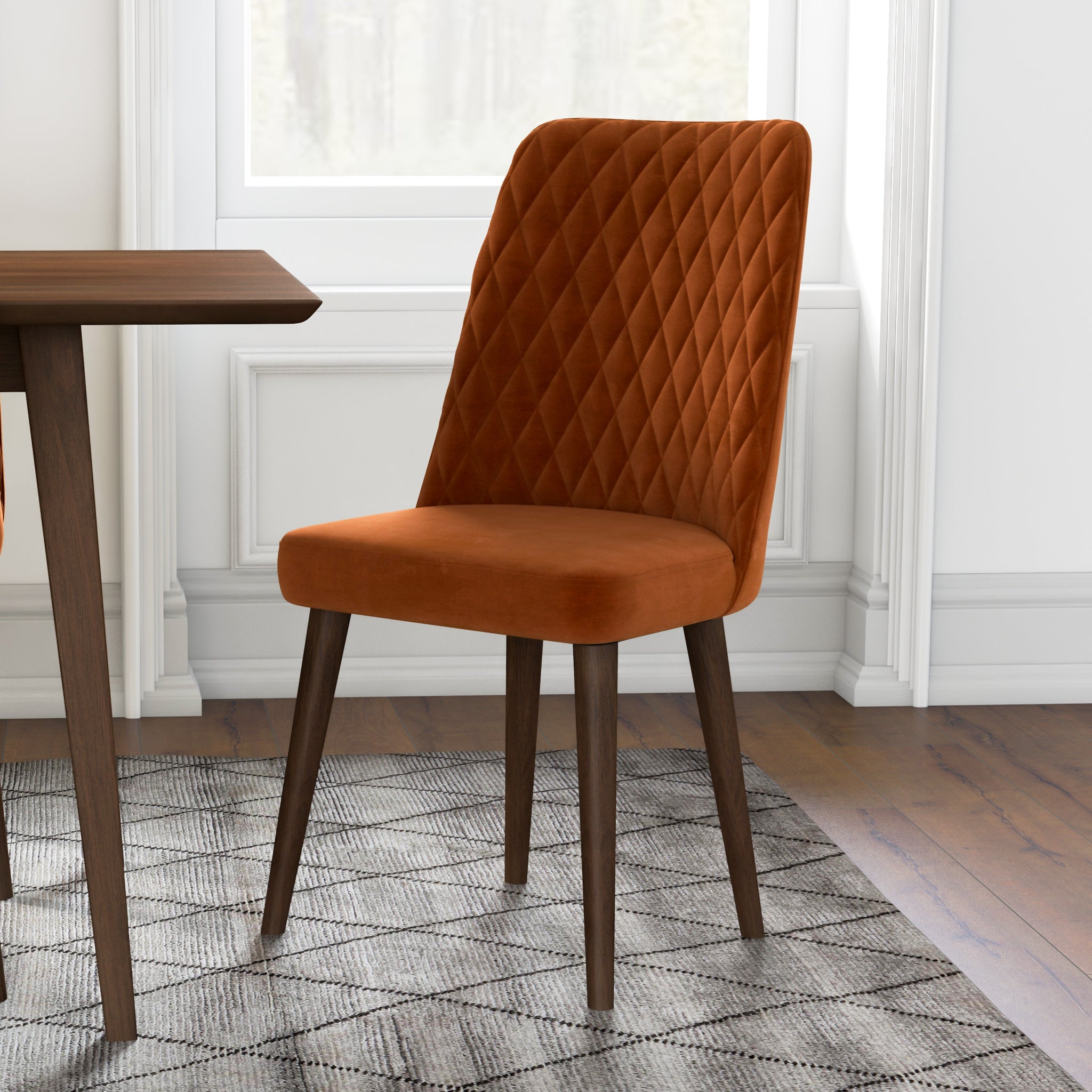 Adira Large Walnut Dining Set with 6 Evette Burnt Orange Velvet Dining Chairs