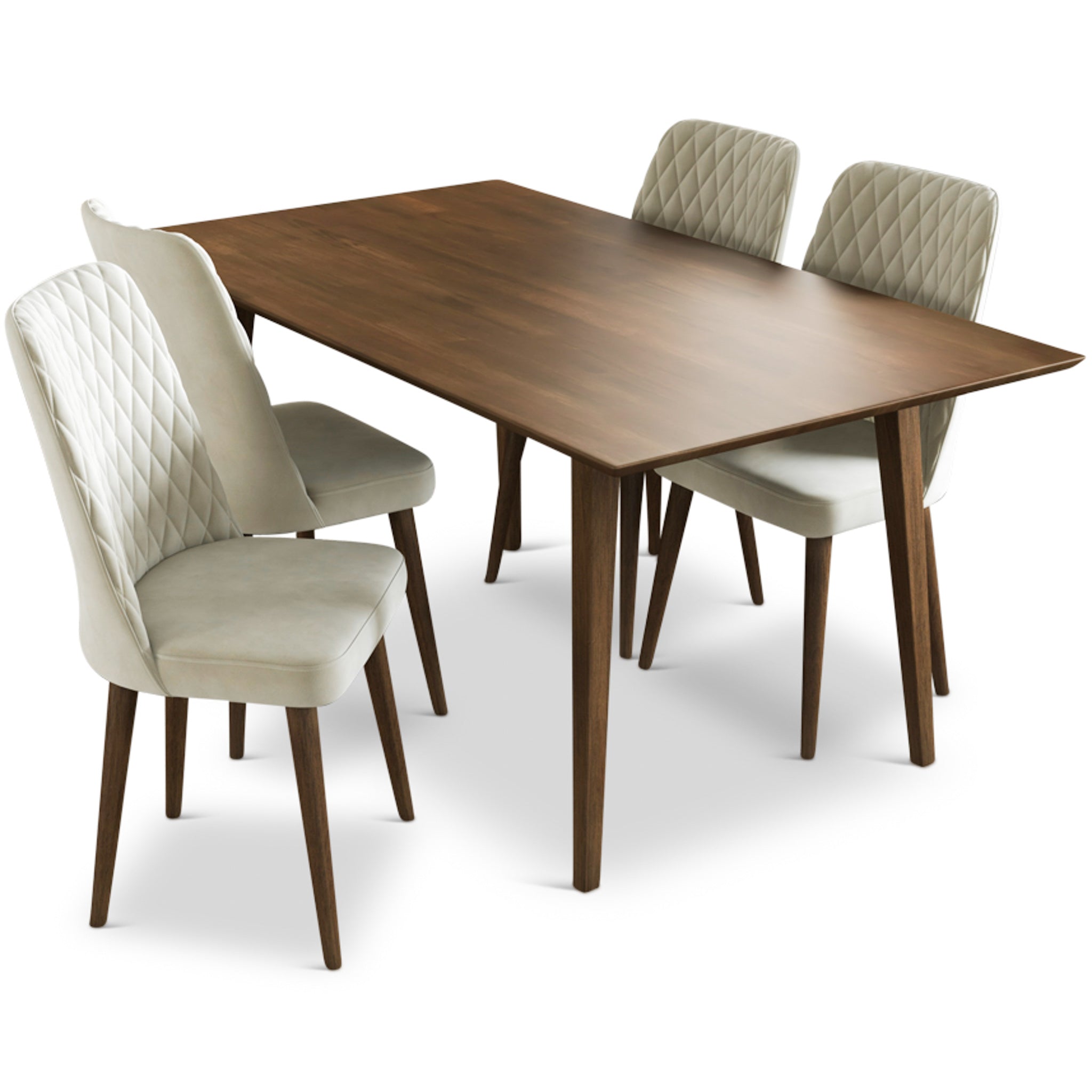 Adira Large Walnut Dining Set with 4 Evette Beige Velvet Dining Chairs