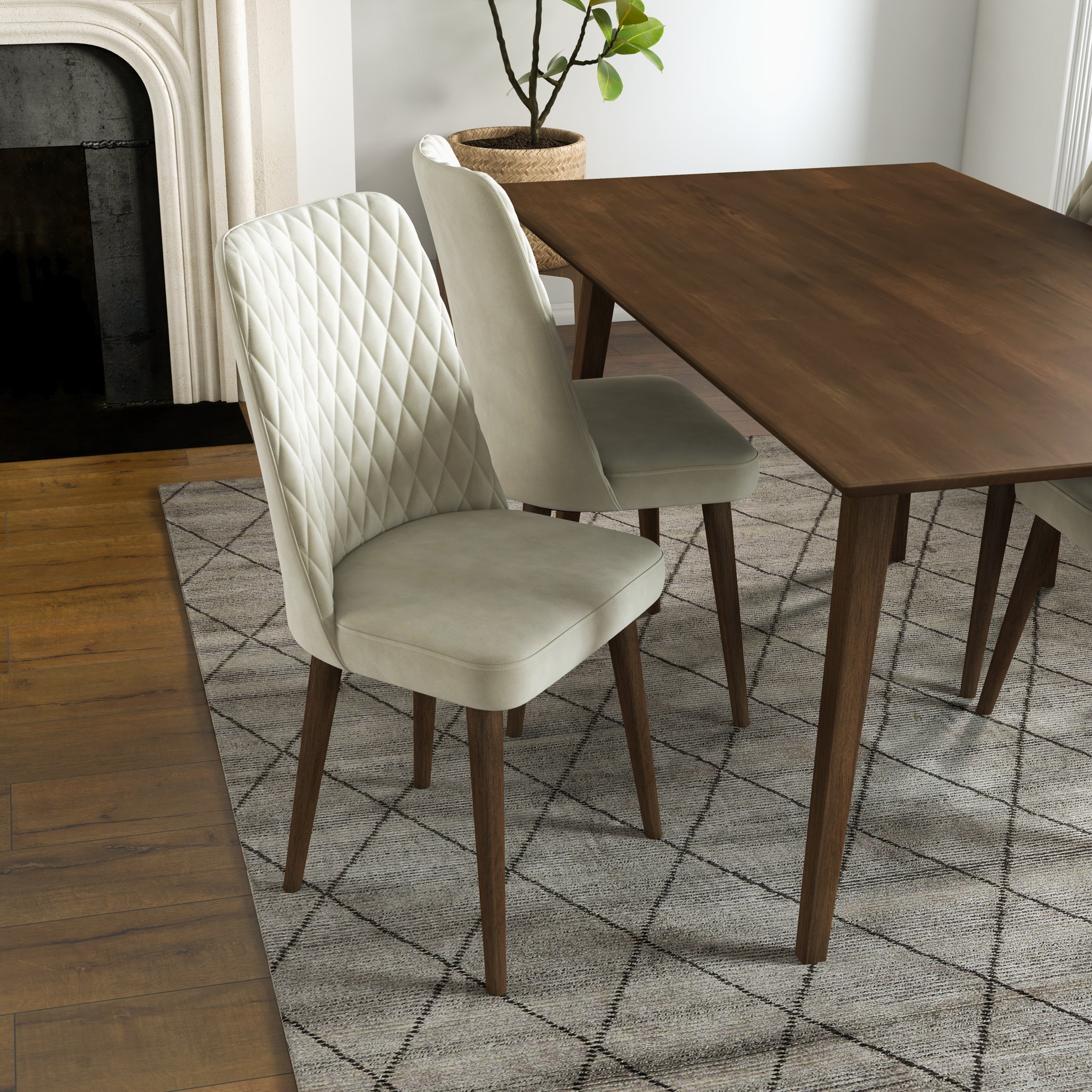 Adira Large Walnut Dining Set with 4 Evette Beige Velvet Dining Chairs