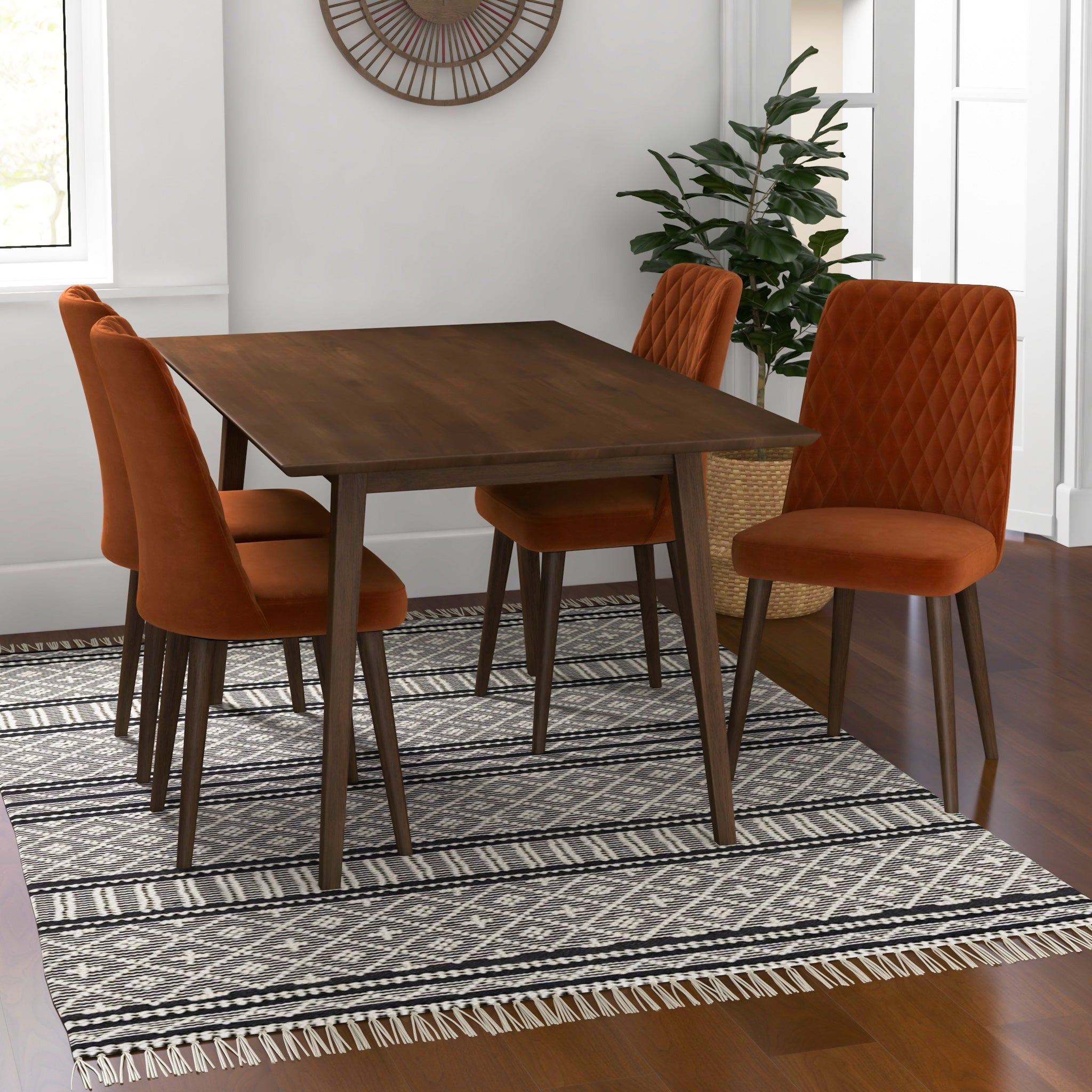 Adira Large Walnut Dining Set with 4 Evette Burnt Orange Velvet Dining Chairs