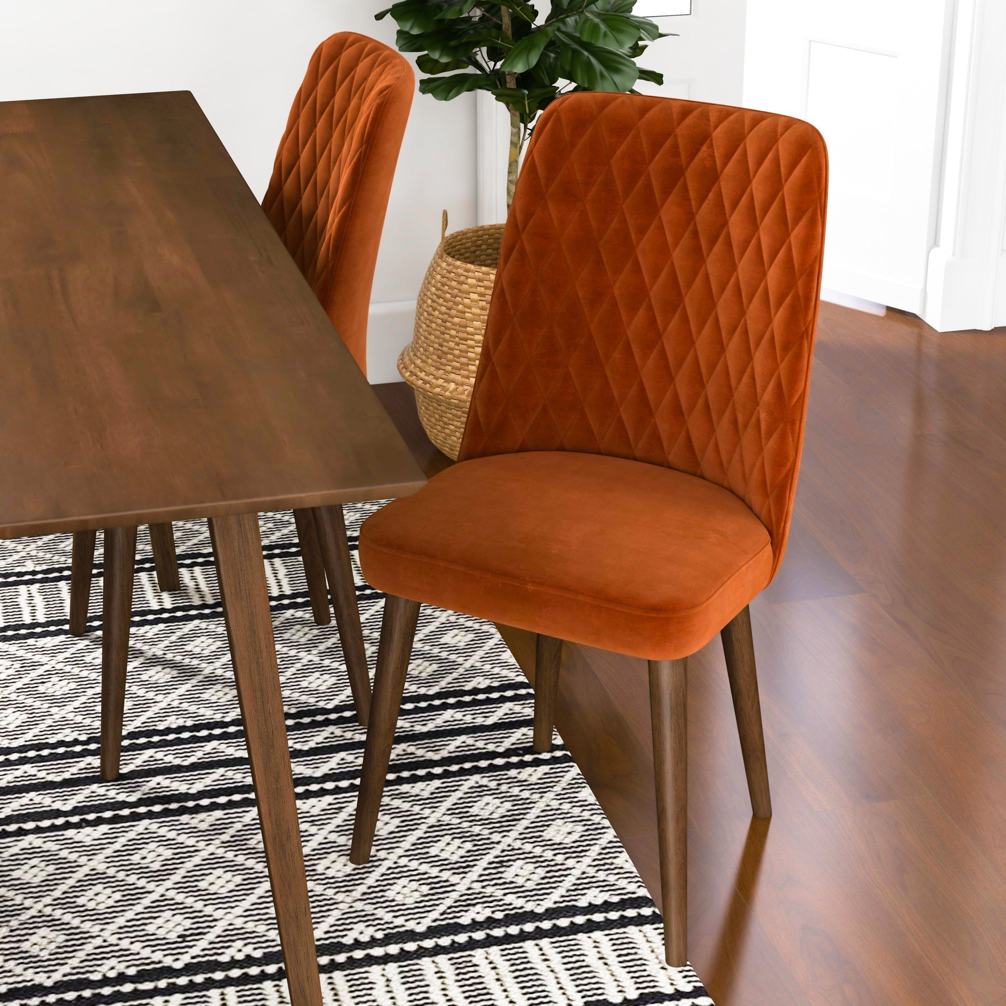 Adira Large Walnut Dining Set with 4 Evette Burnt Orange Velvet Dining Chairs