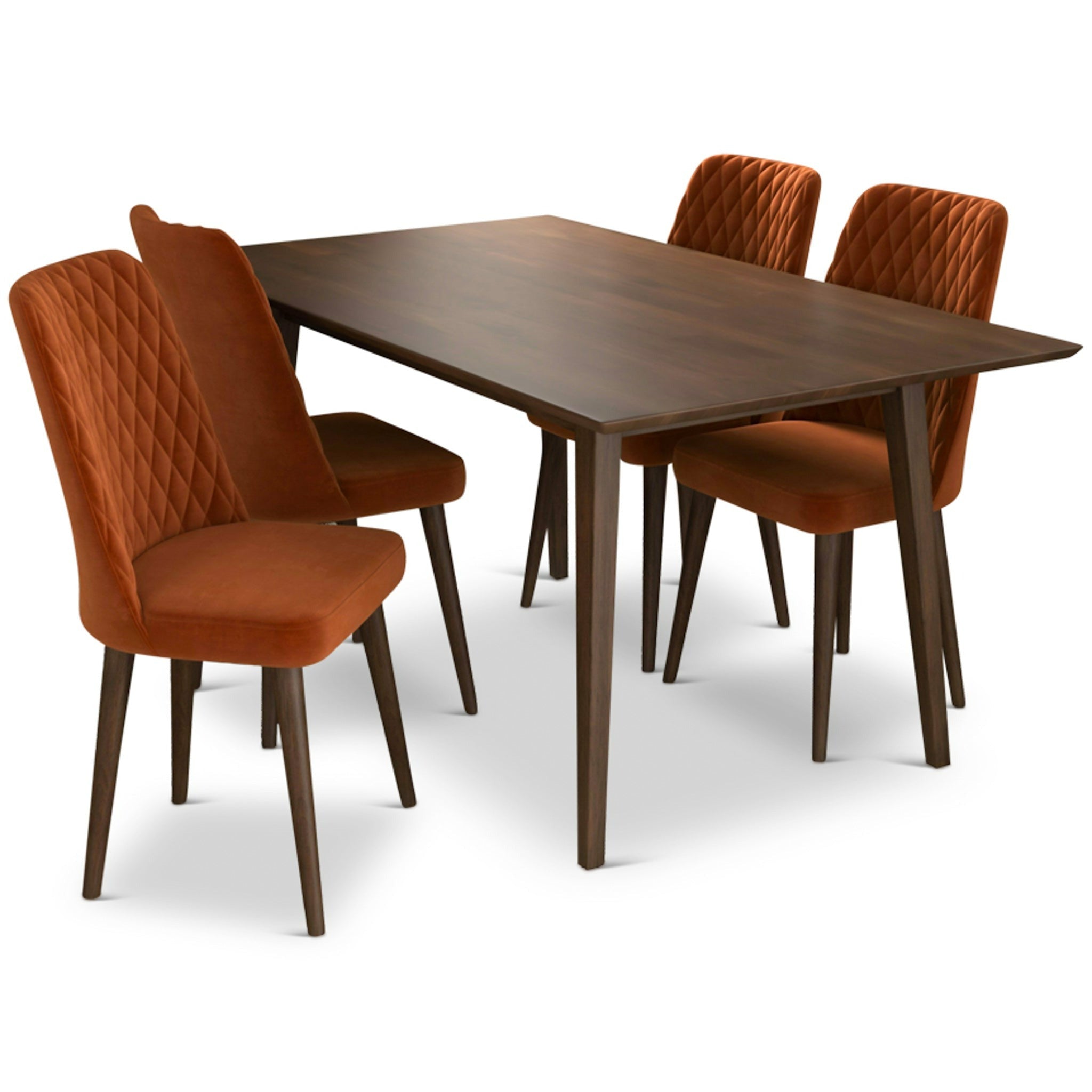 Adira Large Walnut Dining Set with 4 Evette Burnt Orange Velvet Dining Chairs