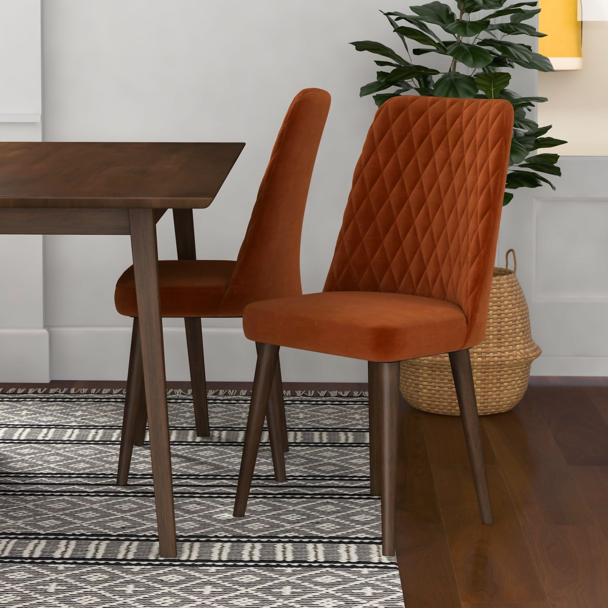 Adira Large Walnut Dining Set with 4 Evette Burnt Orange Velvet Dining Chairs