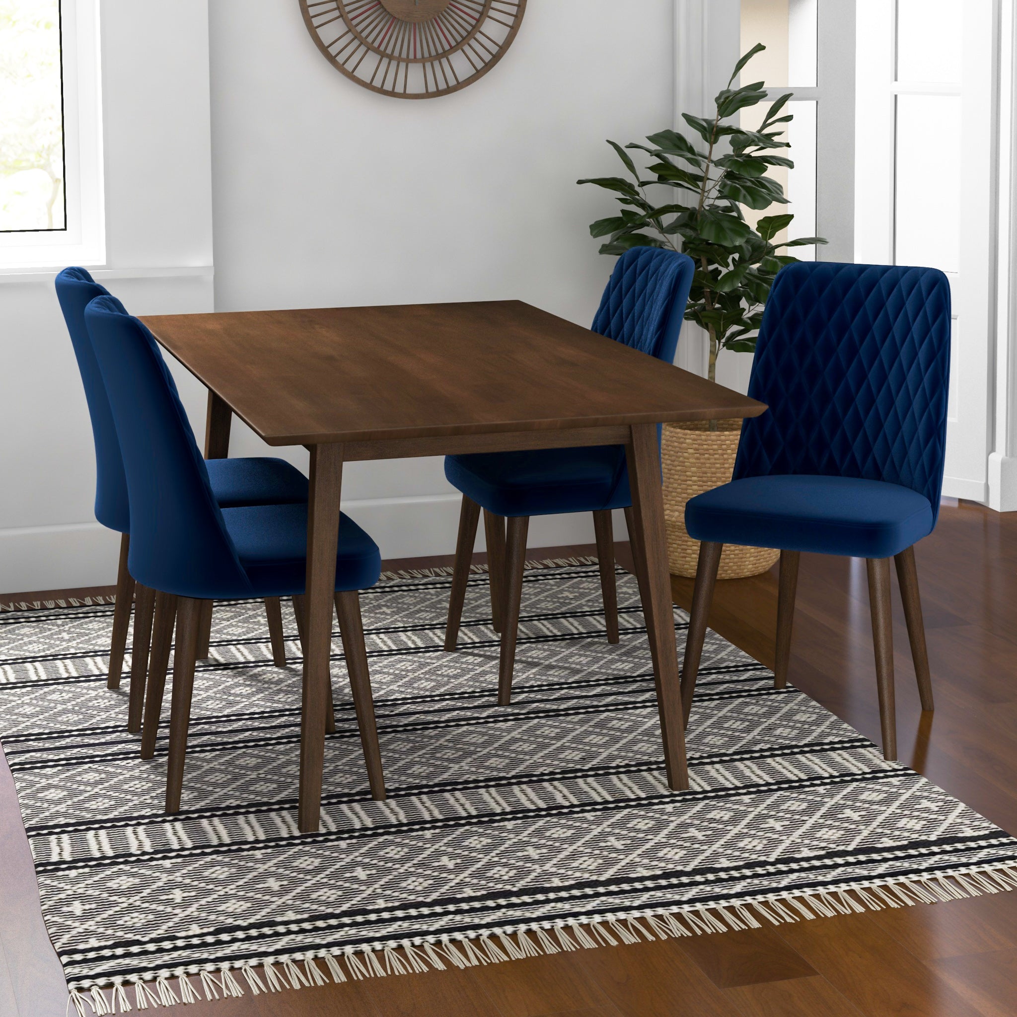 Adira Large Walnut Dining Set with 4 Evette Blue Velvet Dining Chairs