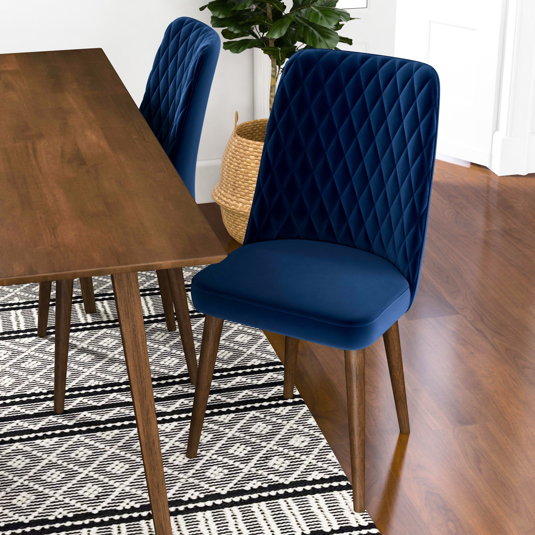 Adira Large Walnut Dining Set with 4 Evette Blue Velvet Dining Chairs