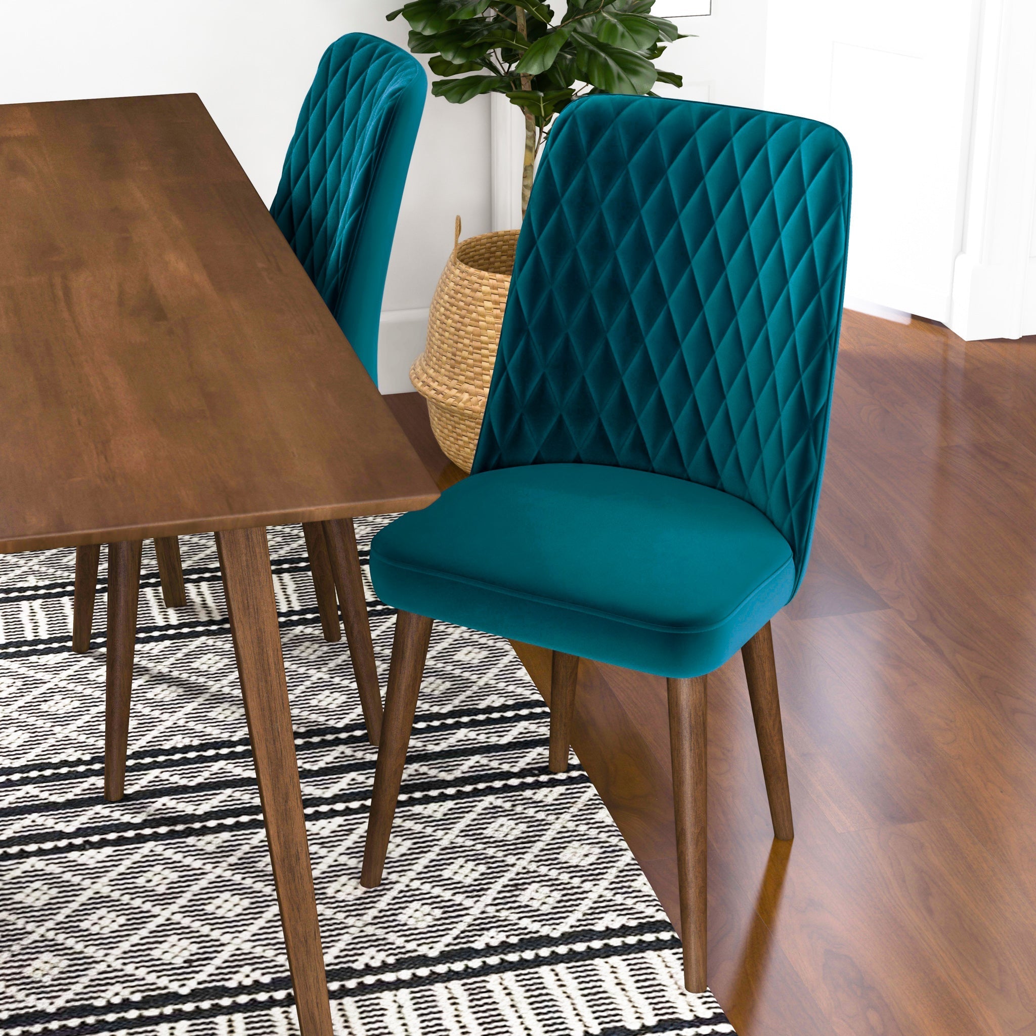 Adira Large Walnut Dining Set with 4 Evette Teal Velvet Dining Chairs