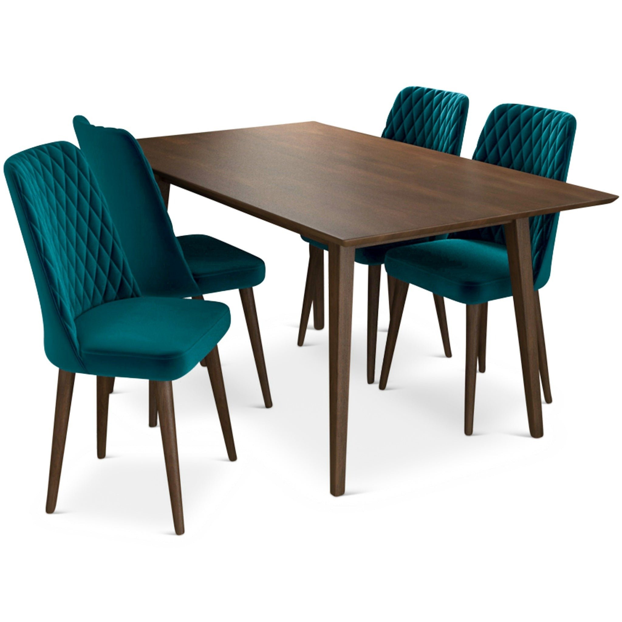 Adira Large Walnut Dining Set with 4 Evette Teal Velvet Dining Chairs