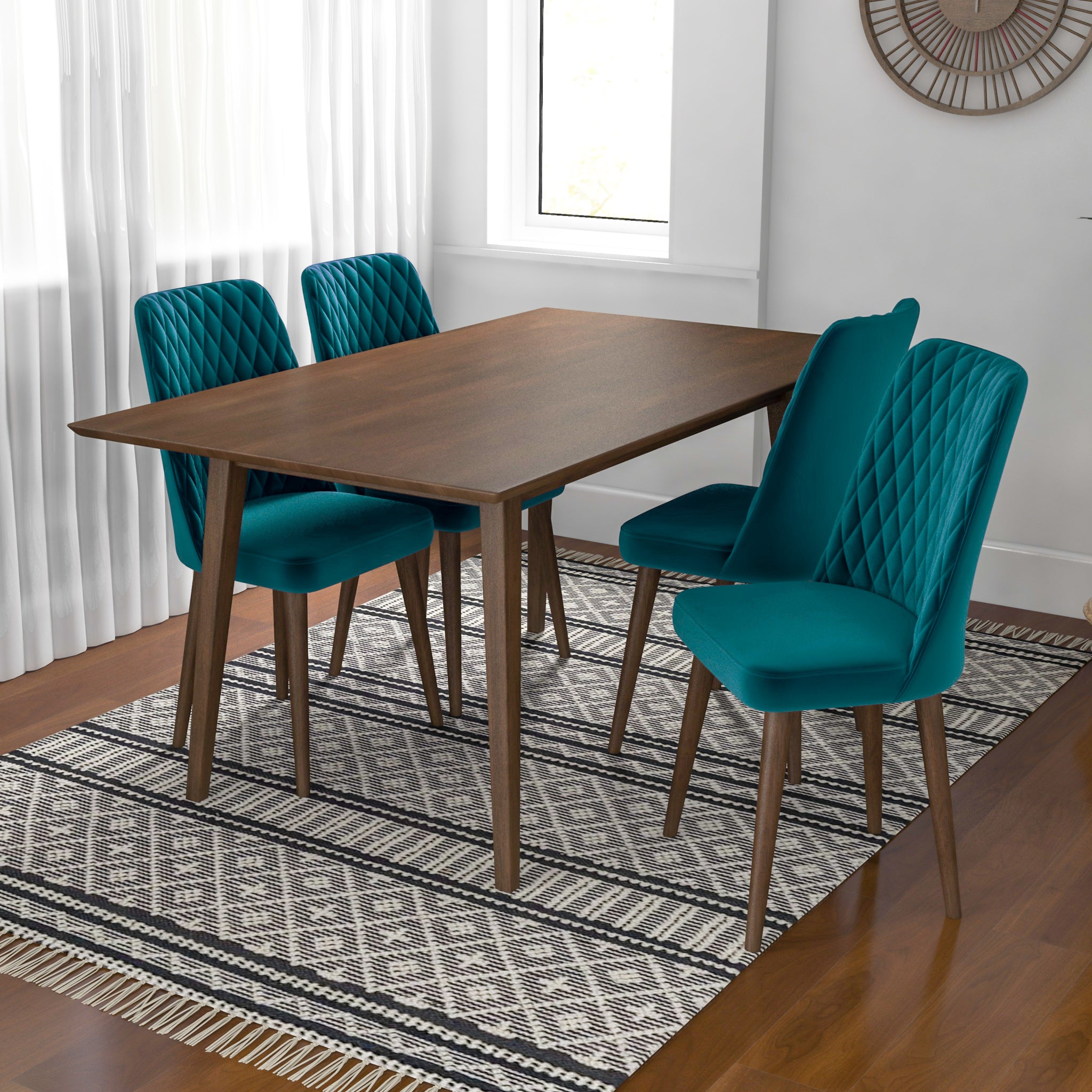 Adira Large Walnut Dining Set with 4 Evette Teal Velvet Dining Chairs