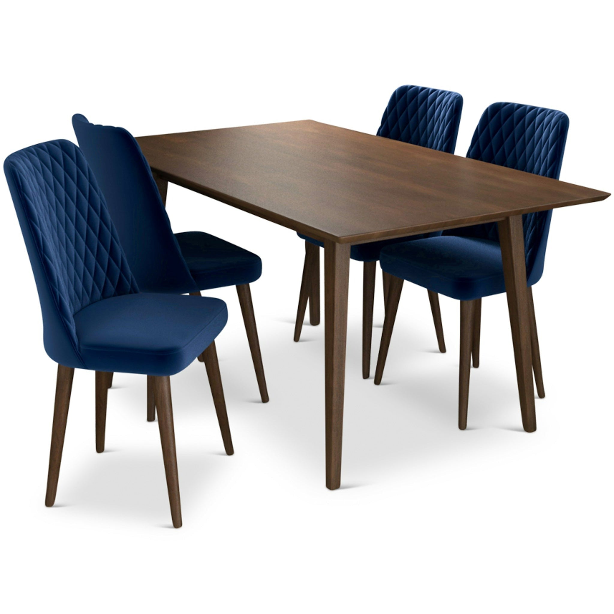 Adira Large Walnut Dining Set with 4 Evette Blue Velvet Dining Chairs