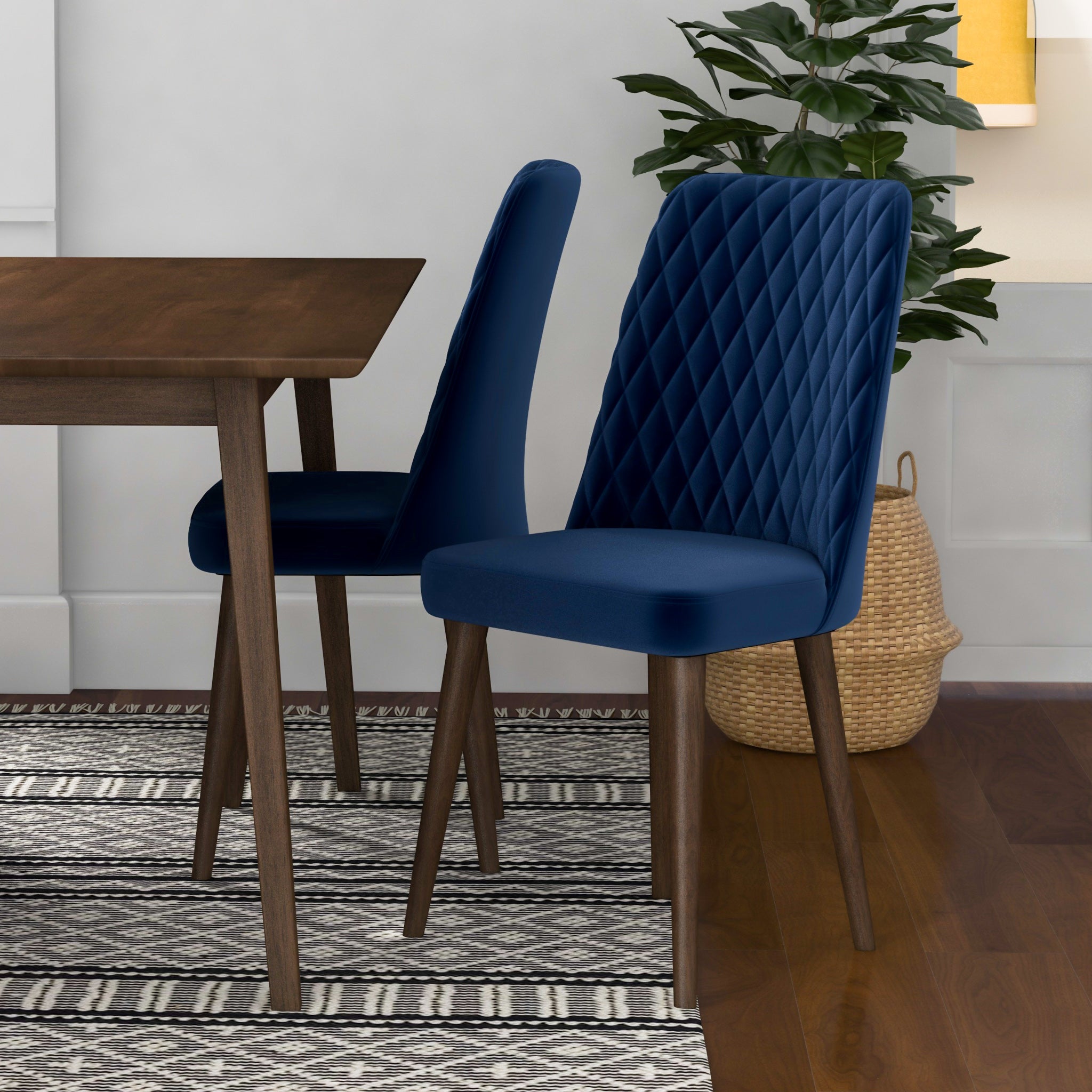 Adira Large Walnut Dining Set with 4 Evette Blue Velvet Dining Chairs