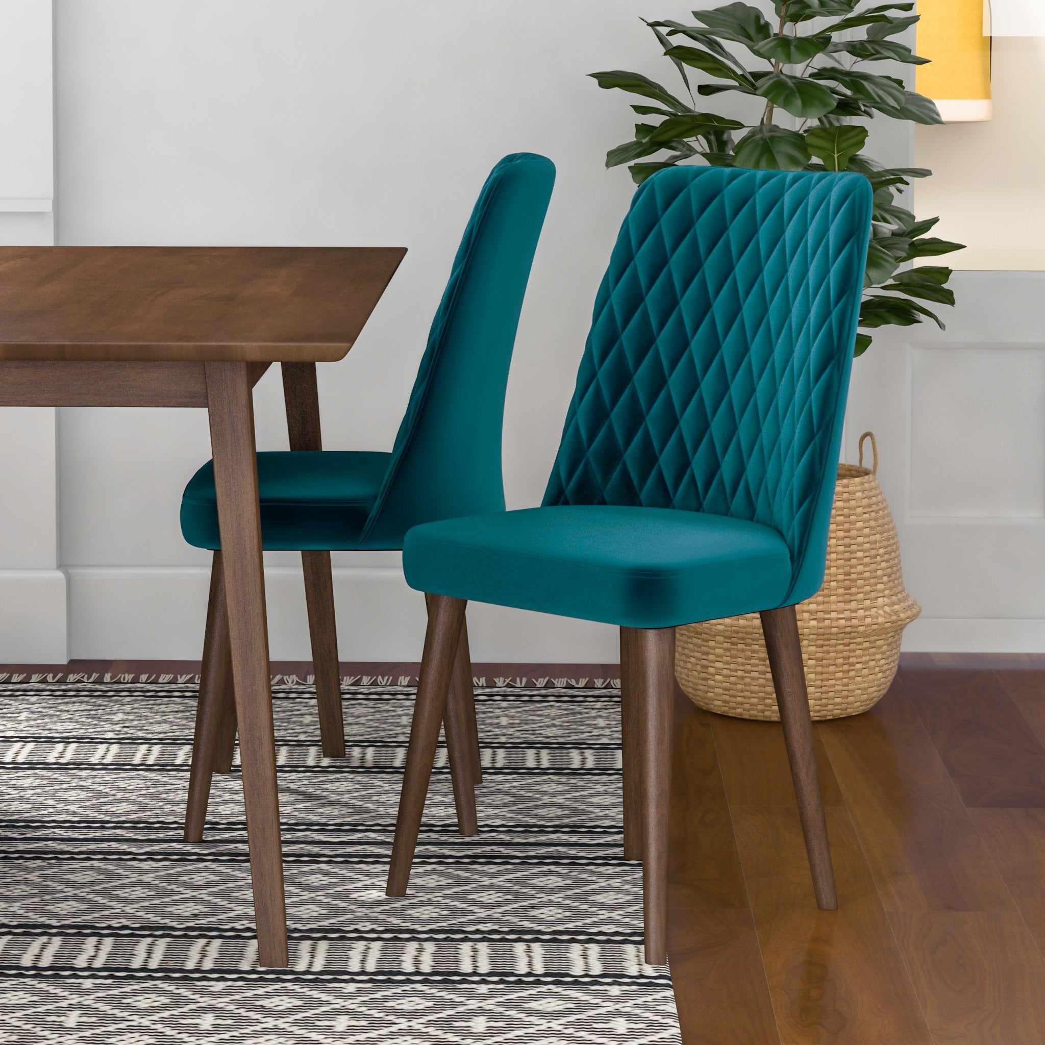 Adira Large Walnut Dining Set with 4 Evette Teal Velvet Dining Chairs