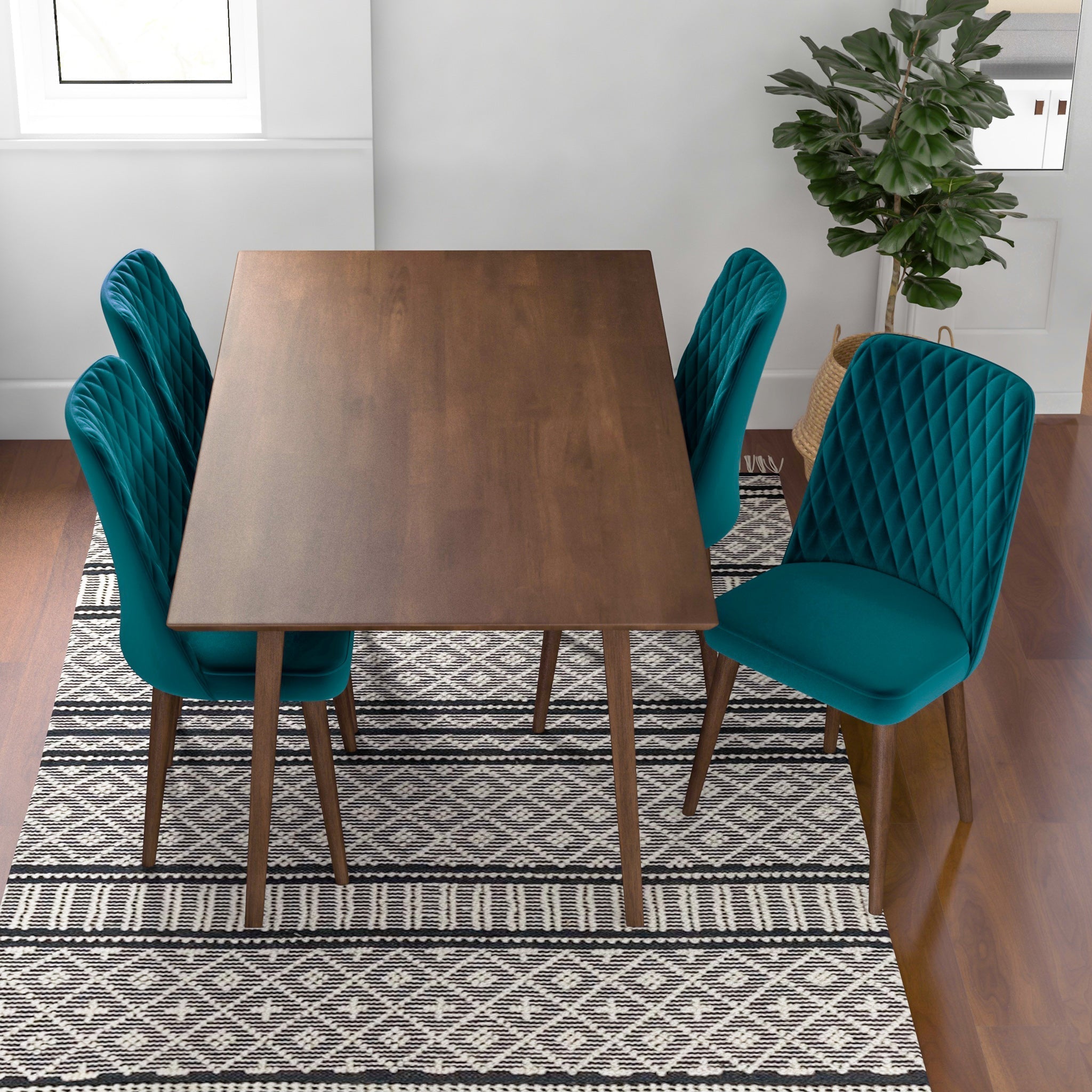 Adira Large Walnut Dining Set with 4 Evette Teal Velvet Dining Chairs