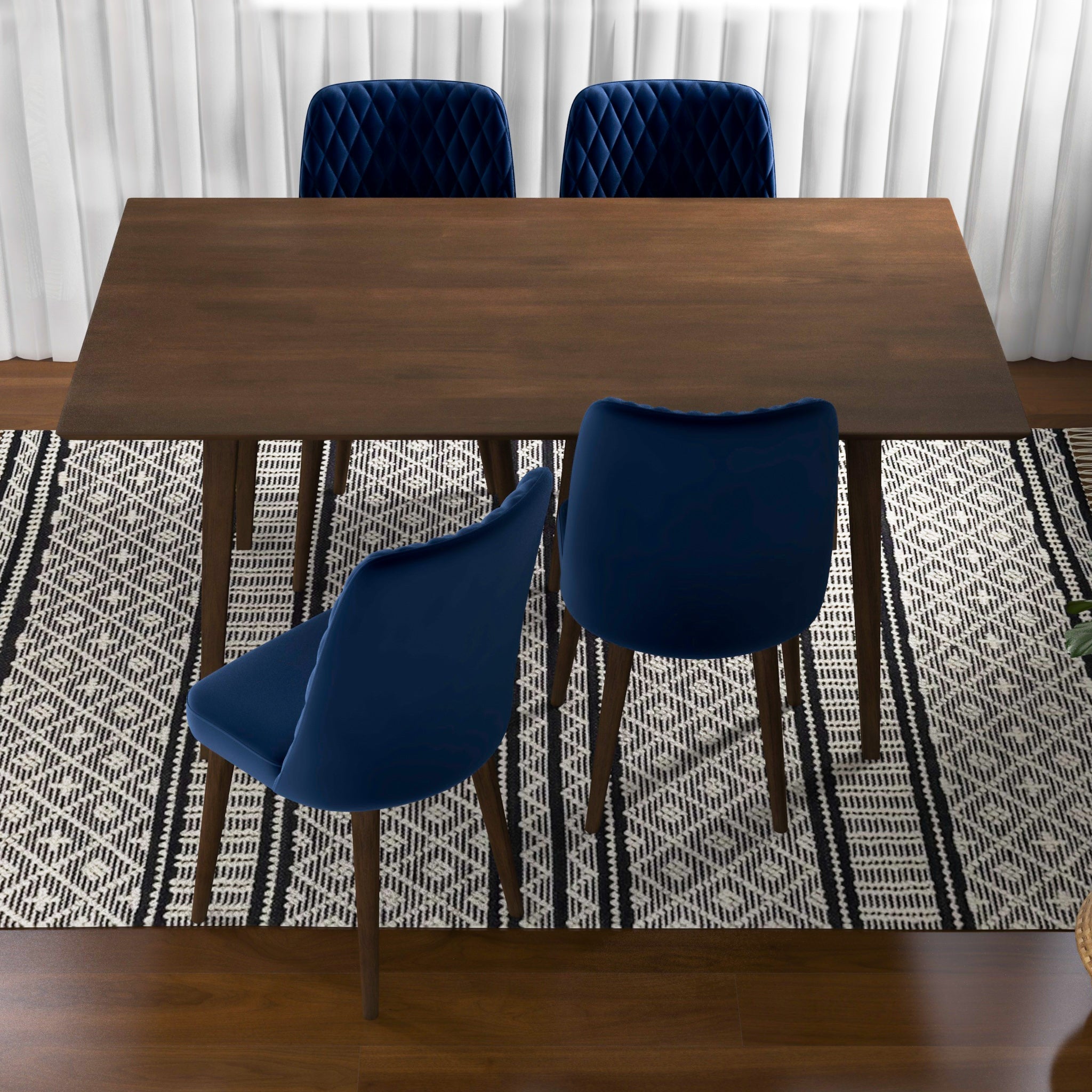 Adira Large Walnut Dining Set with 4 Evette Blue Velvet Dining Chairs