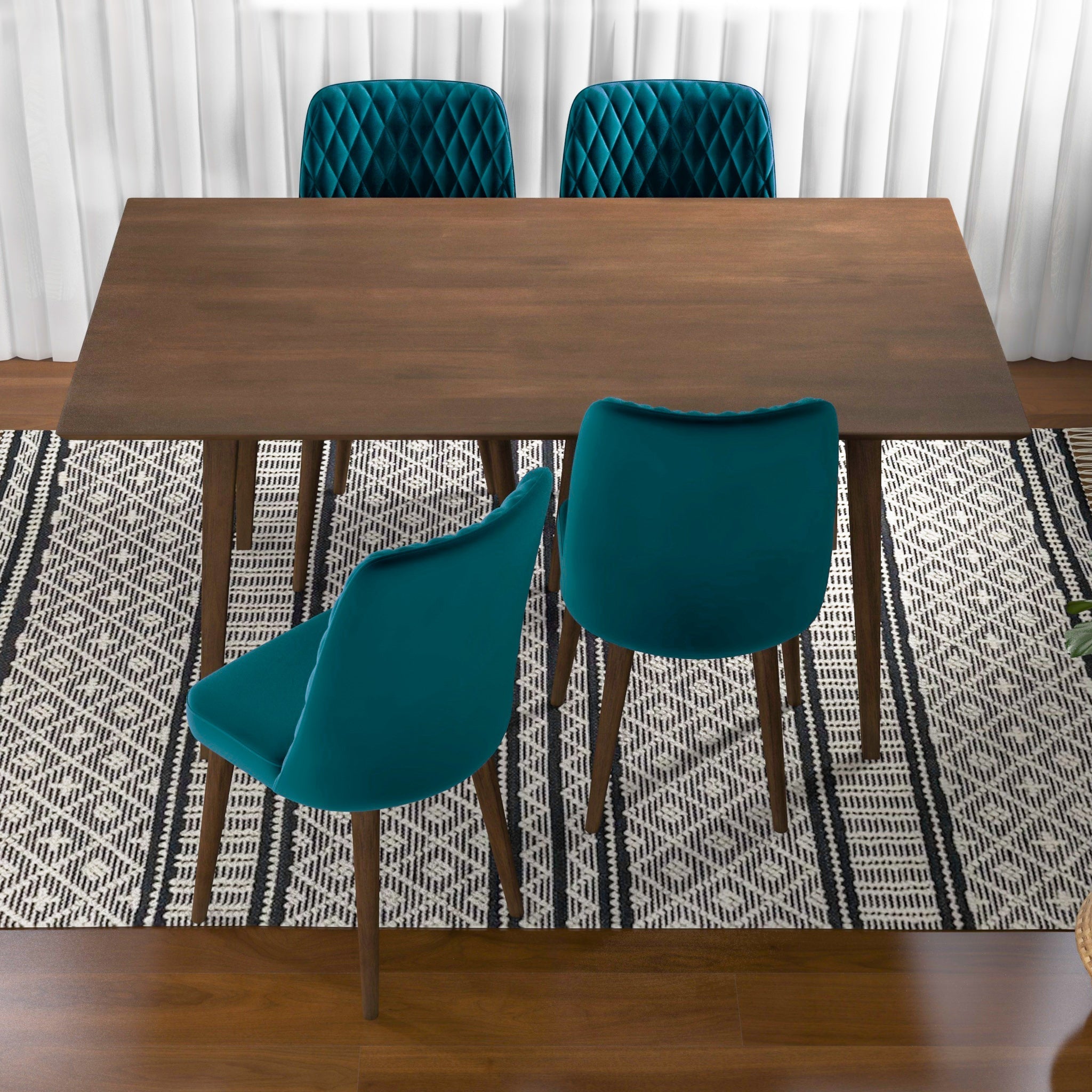 Adira Large Walnut Dining Set with 4 Evette Teal Velvet Dining Chairs