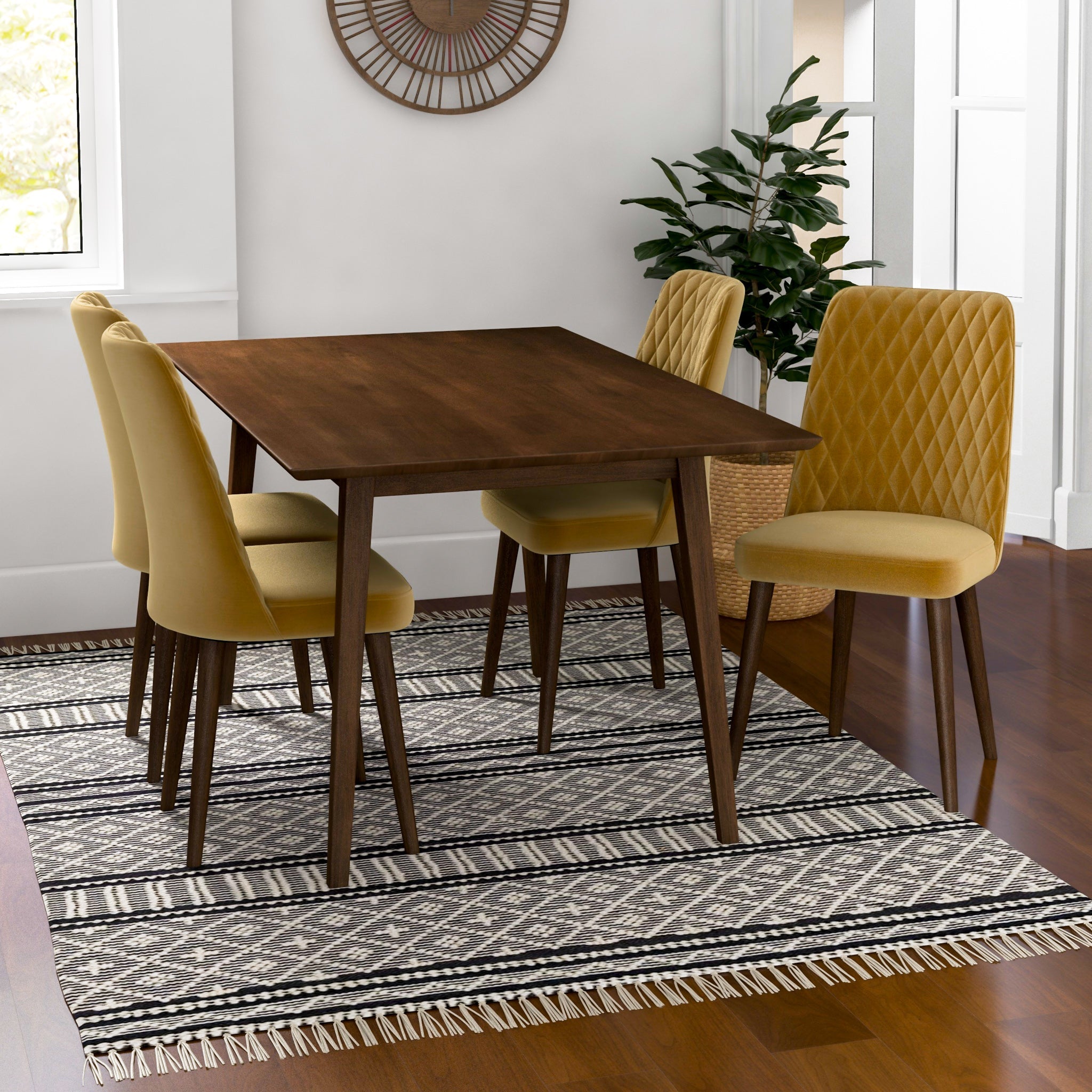 Adira Large Walnut Dining Set with 4 Evette Gold Velvet Dining Chairs