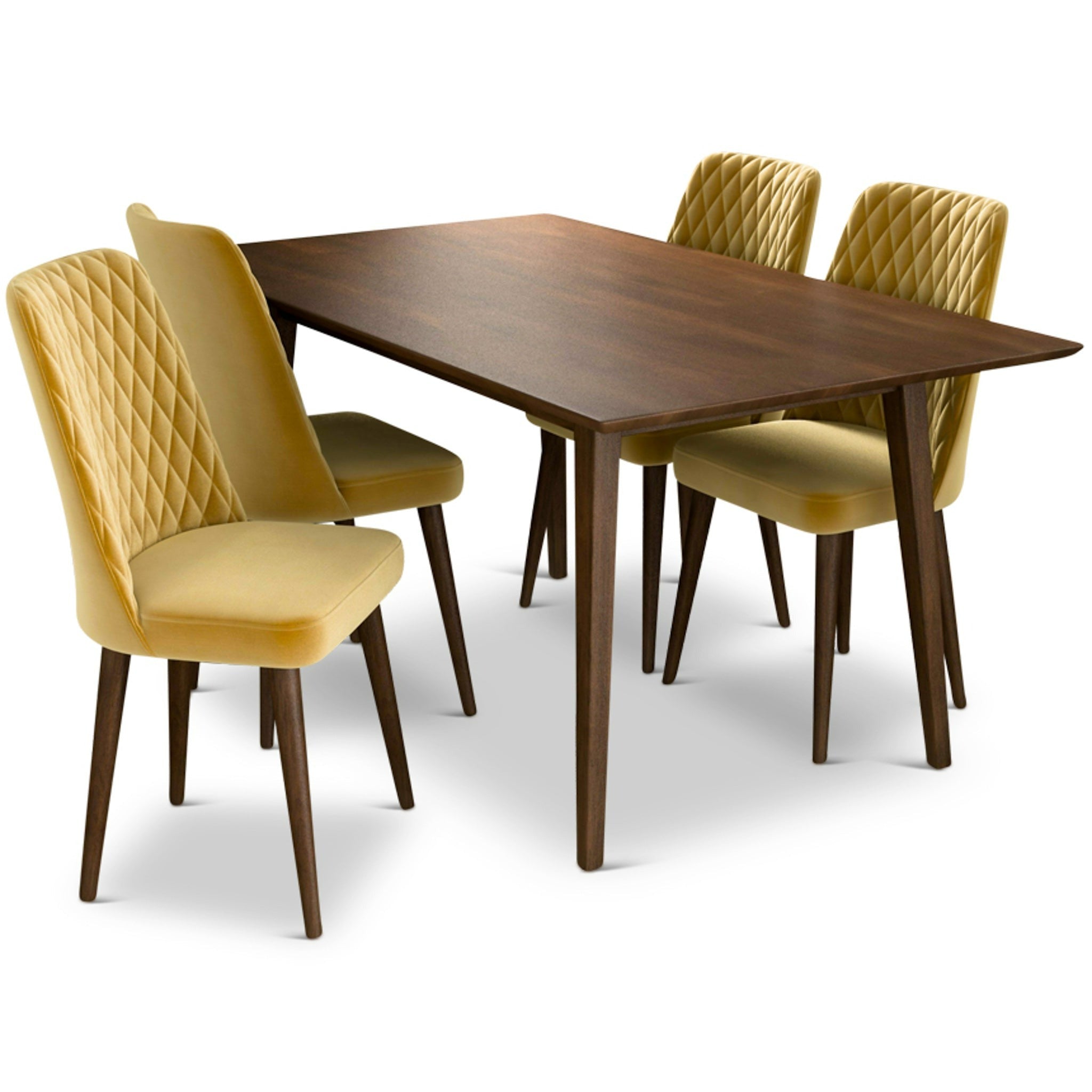 Adira Large Walnut Dining Set with 4 Evette Gold Velvet Dining Chairs