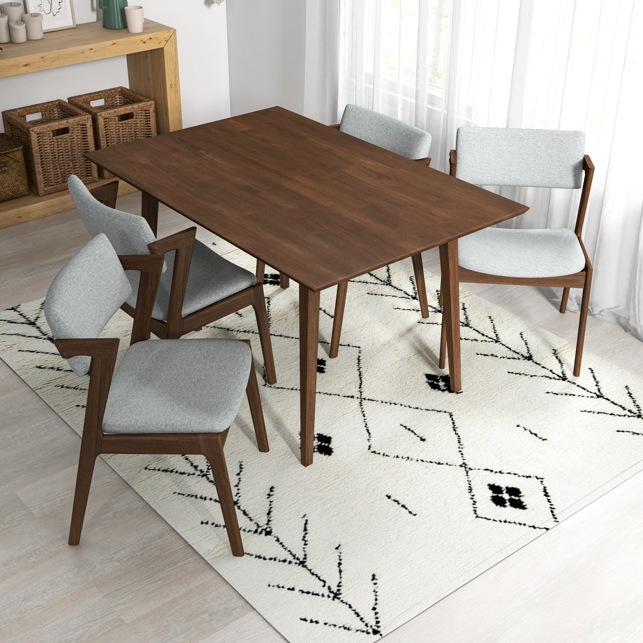 Adira Small Walnut Dining Set with 4 Ricco Light Grey Dining Chairs