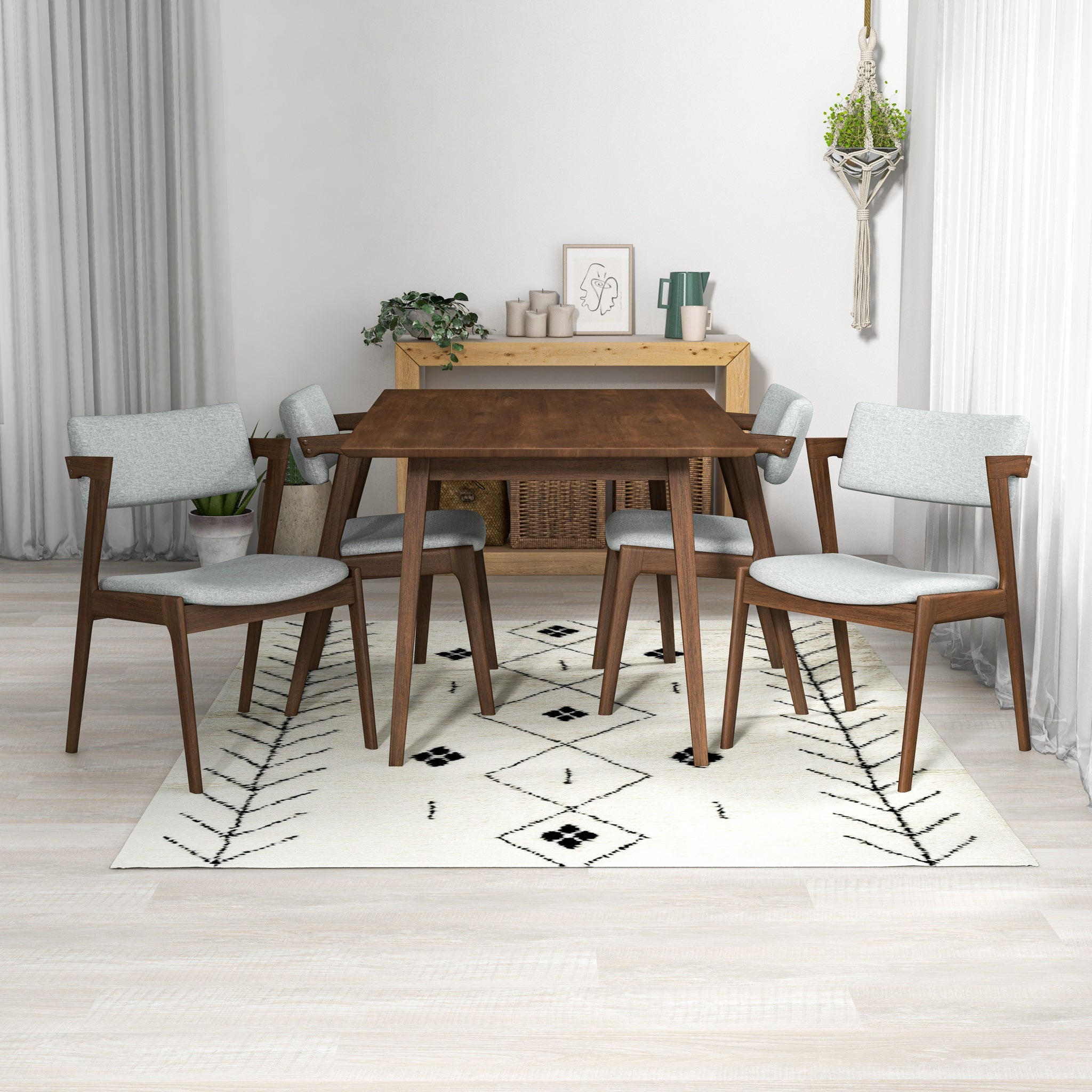 Adira Small Walnut Dining Set with 4 Ricco Light Grey Dining Chairs