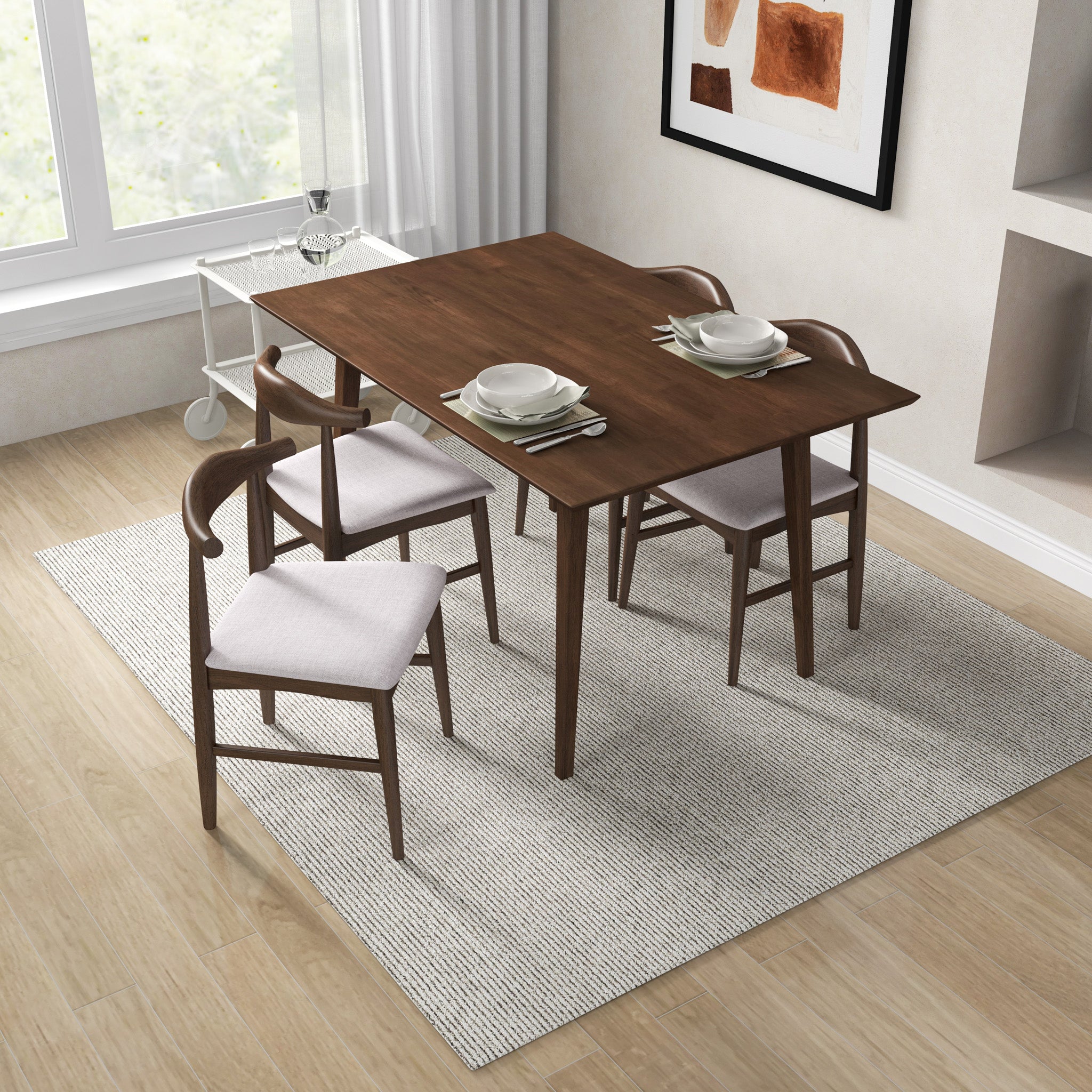 Adira Small Walnut Dining Set with 4 Winston Beige Dining Chairs