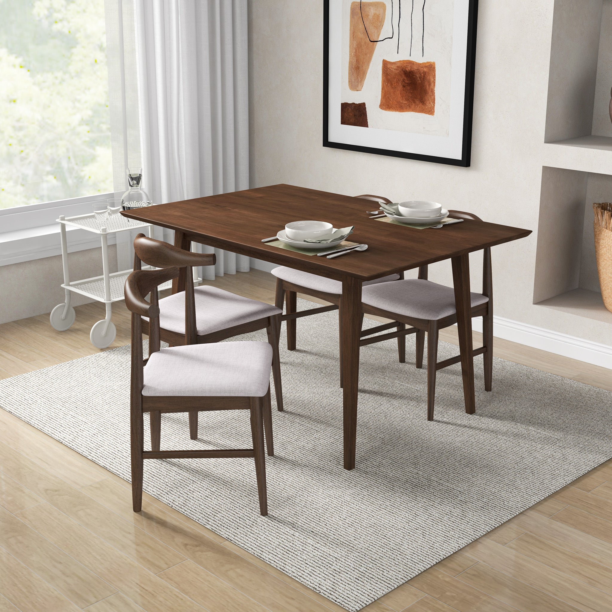 Adira Small Walnut Dining Set with 4 Winston Beige Dining Chairs