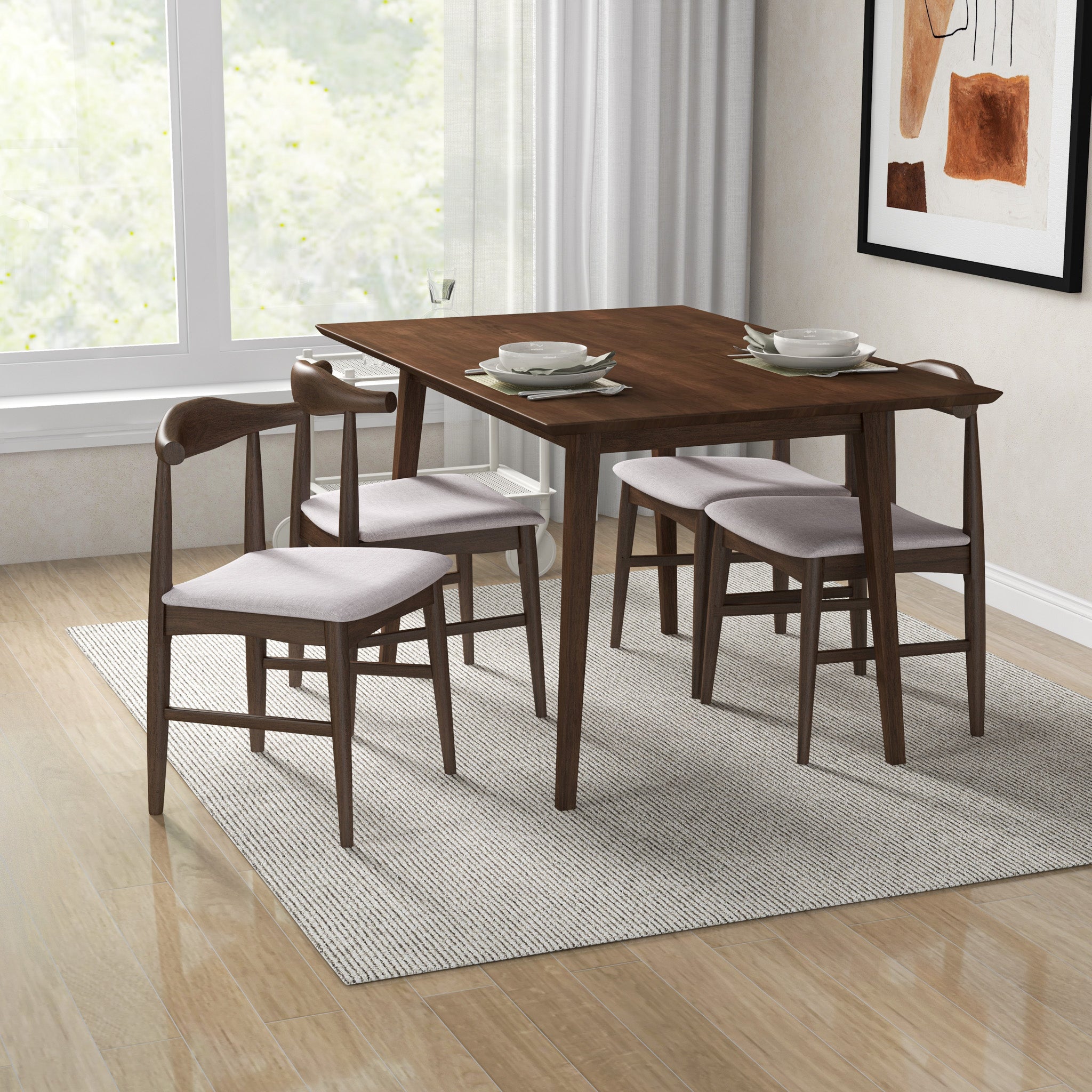 Adira Small Walnut Dining Set with 4 Winston Beige Dining Chairs