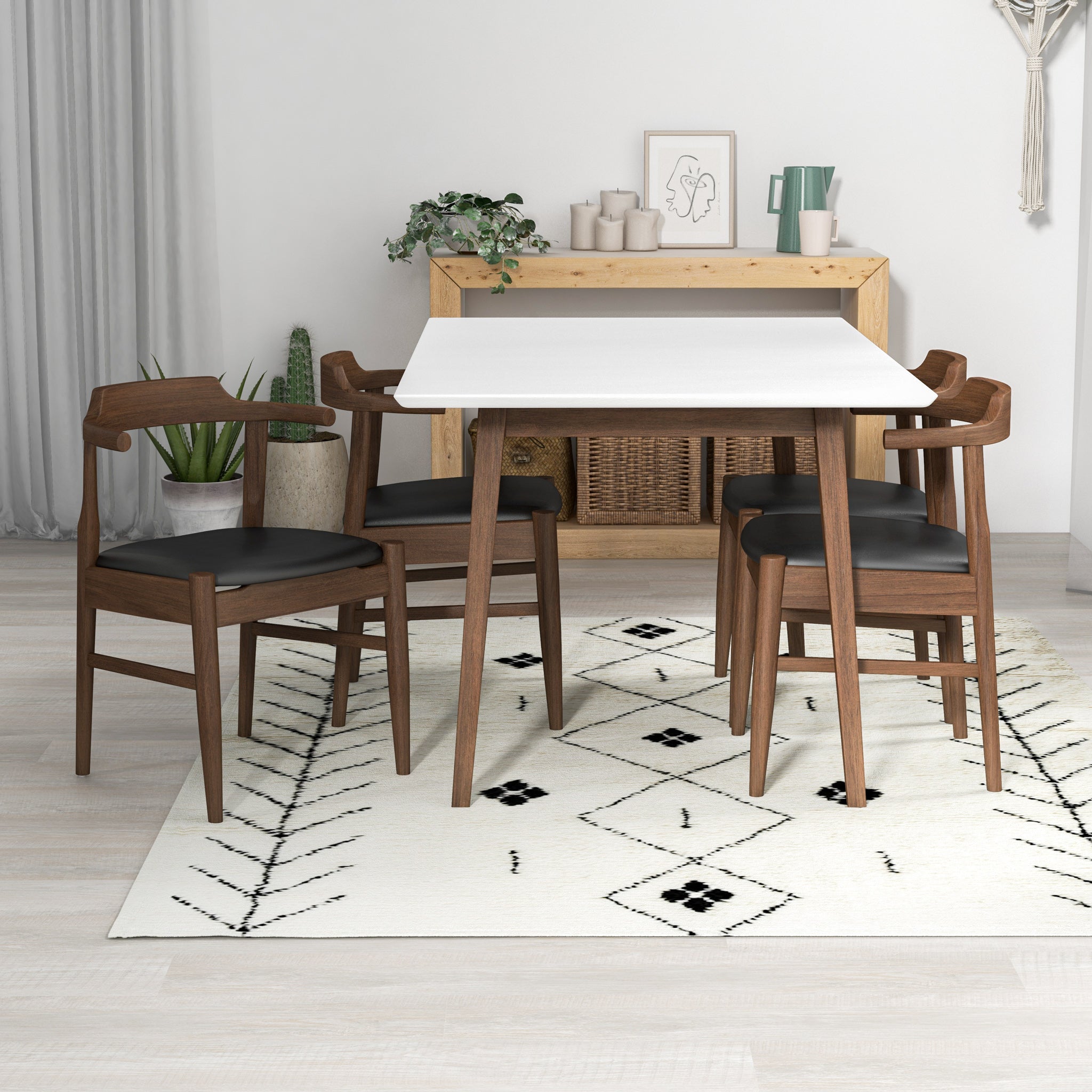 Adira Small White Dining Set with 4 Zola Black Leather Dining Chairs