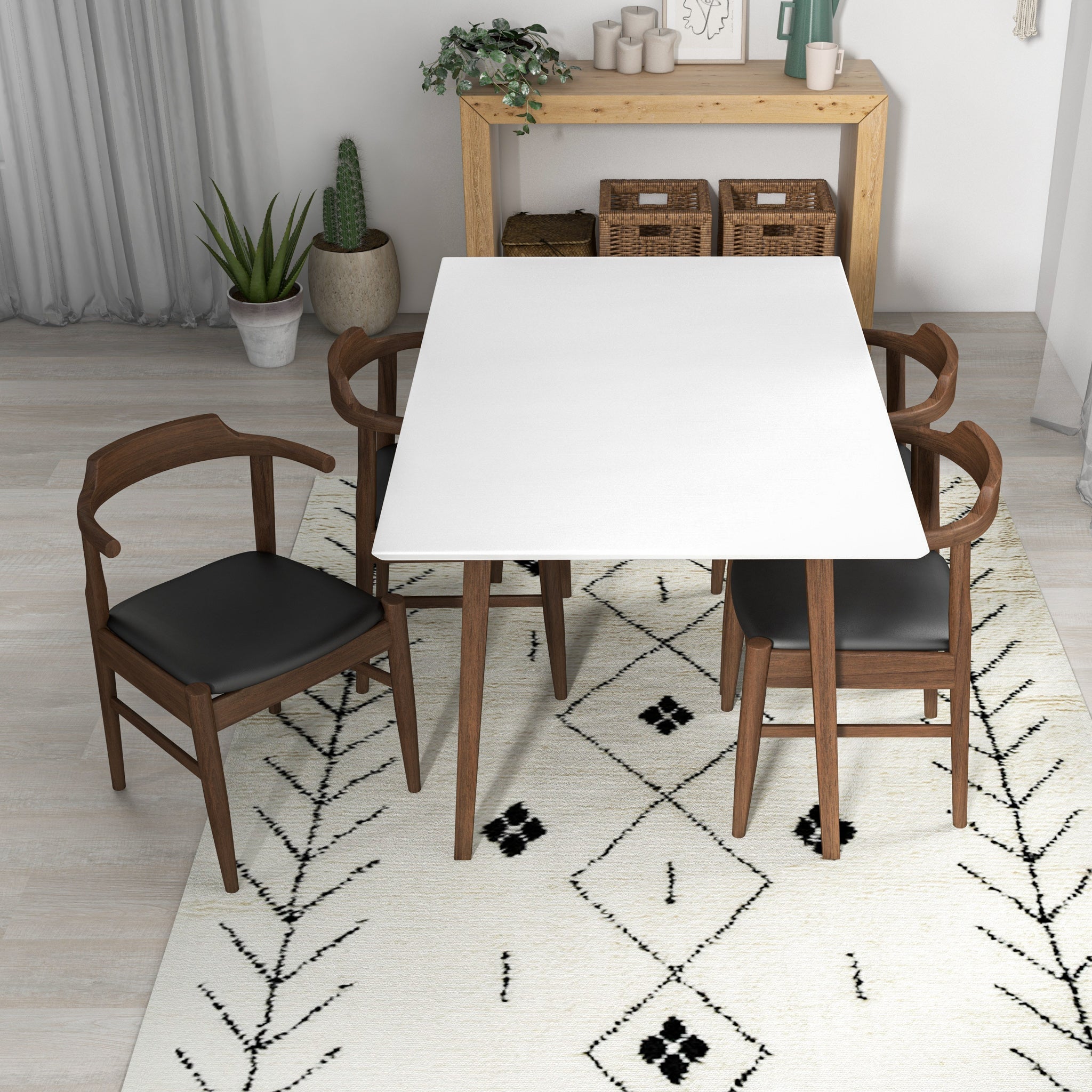 Adira Small White Dining Set with 4 Zola Black Leather Dining Chairs