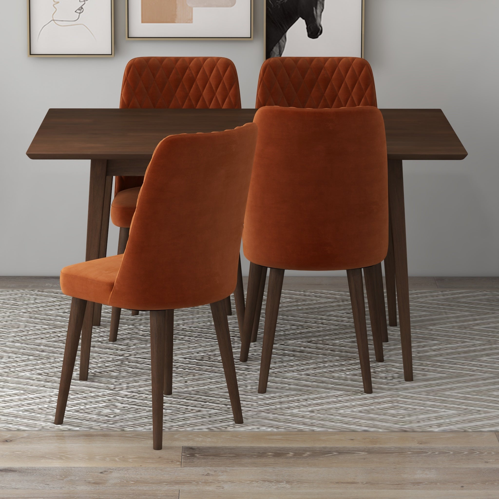 Adira Small Walnut Dining Set with 4 Evette Burnt Orange Velvet Dining Chairs