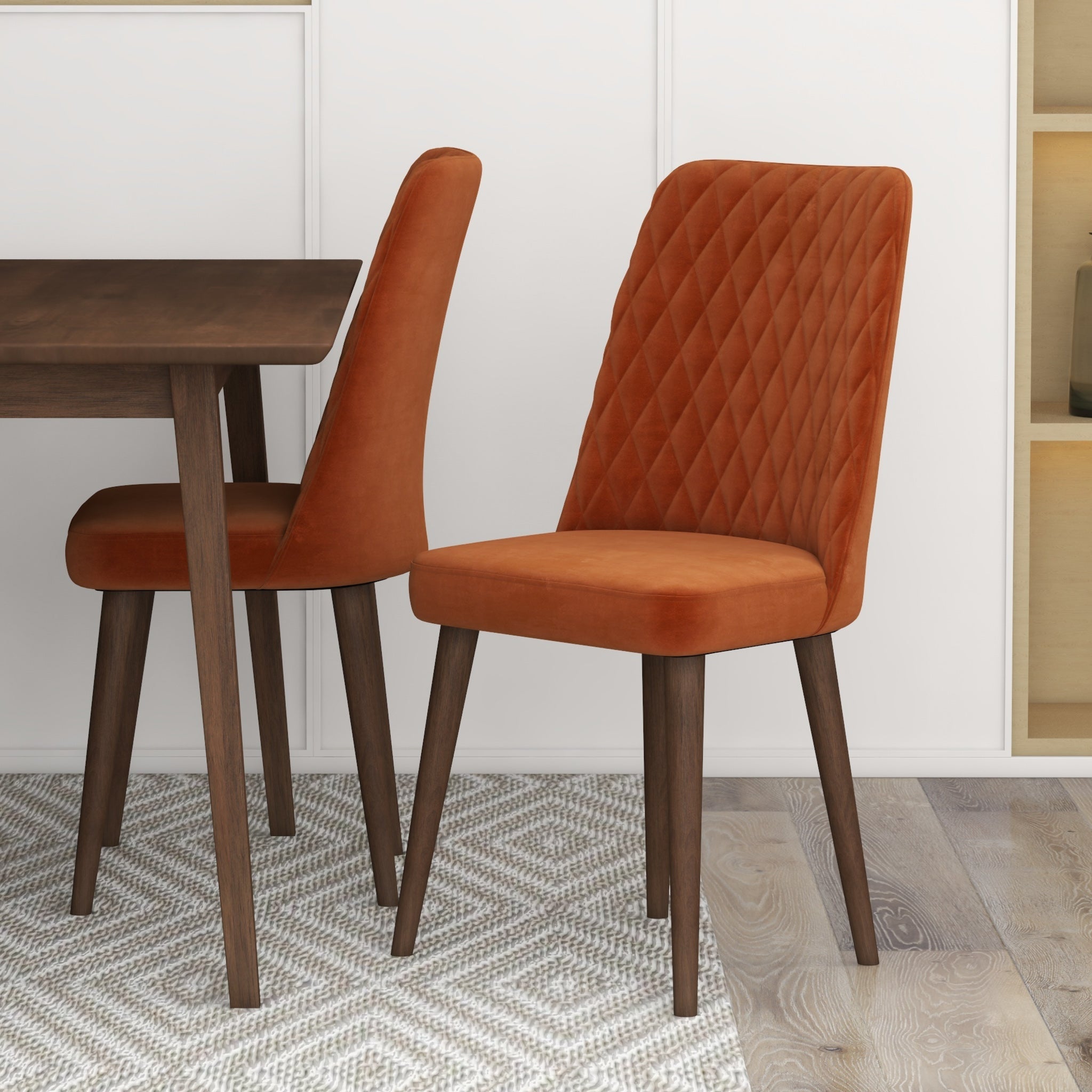 Adira Small Walnut Dining Set with 4 Evette Burnt Orange Velvet Dining Chairs